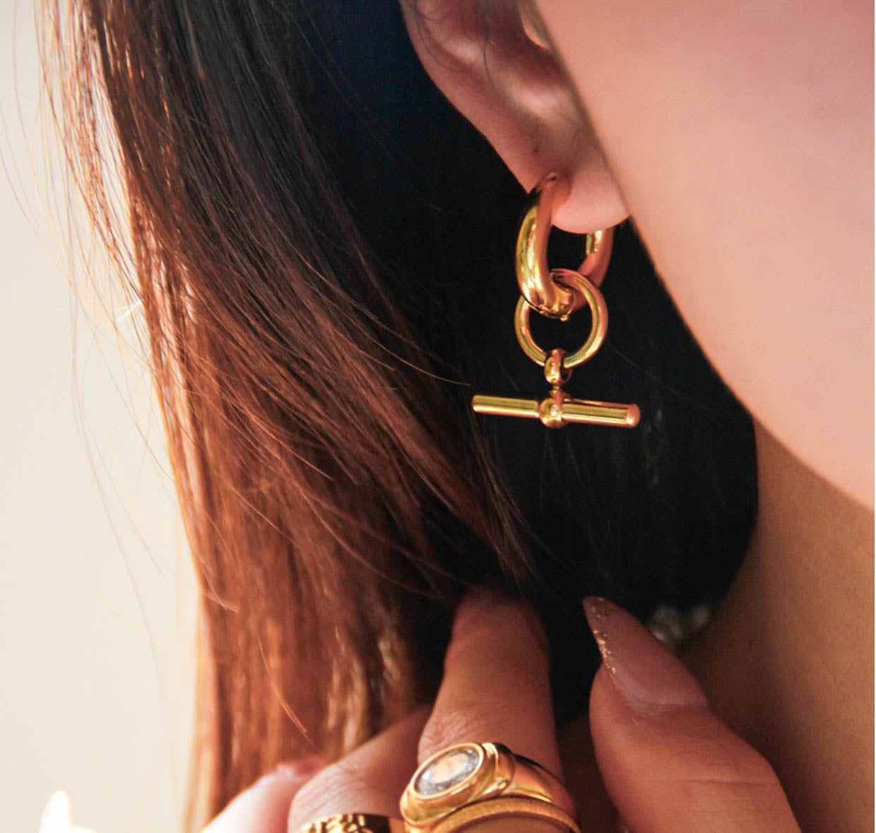 Gold Hoop Drop Earrings with Dangling Bar Charms