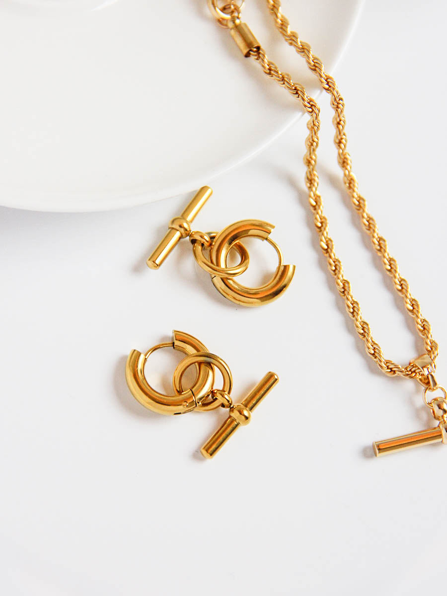 Gold Hoop Drop Earrings with Dangling Bar Charms