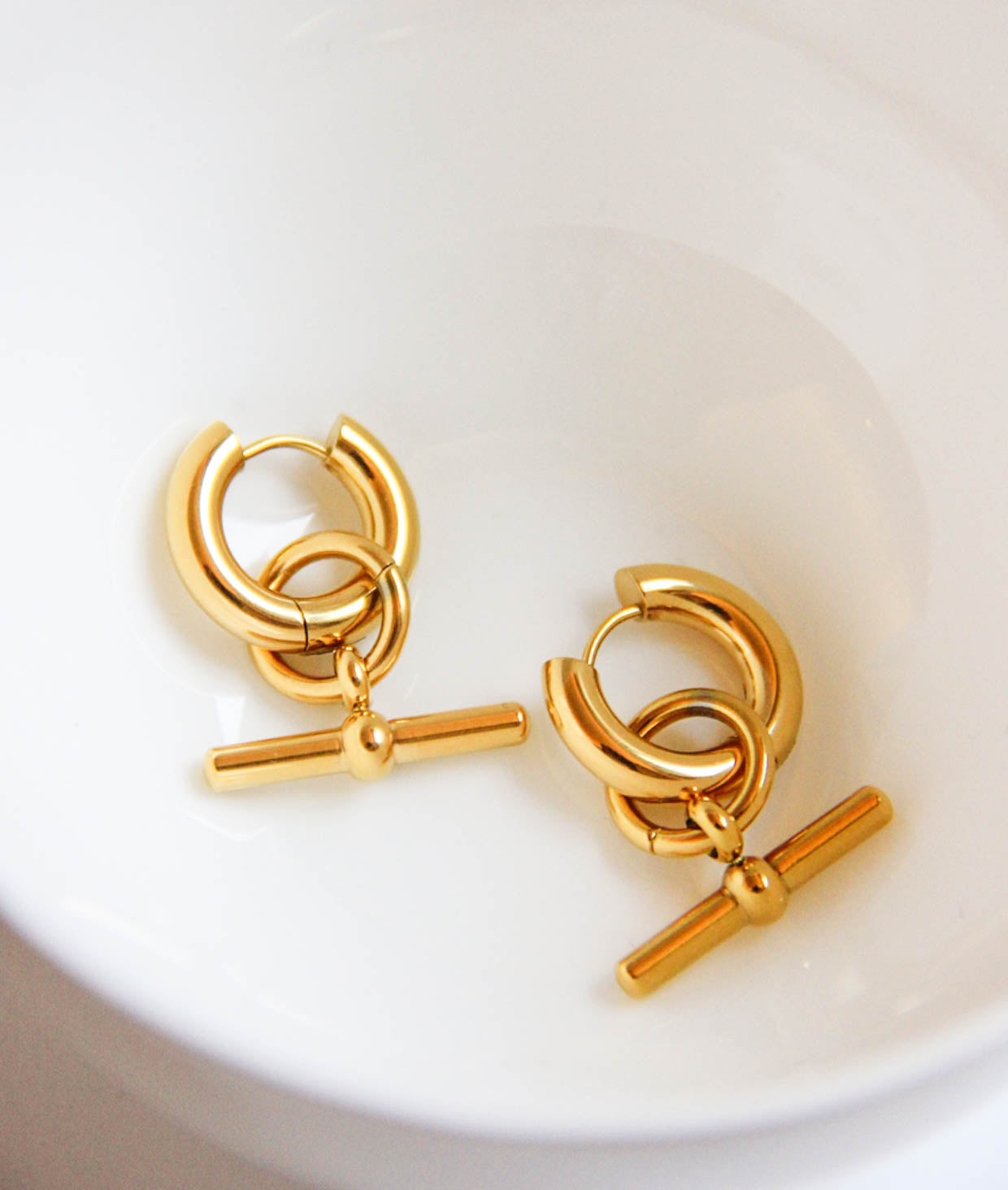 Gold Hoop Drop Earrings with Dangling Bar Charms