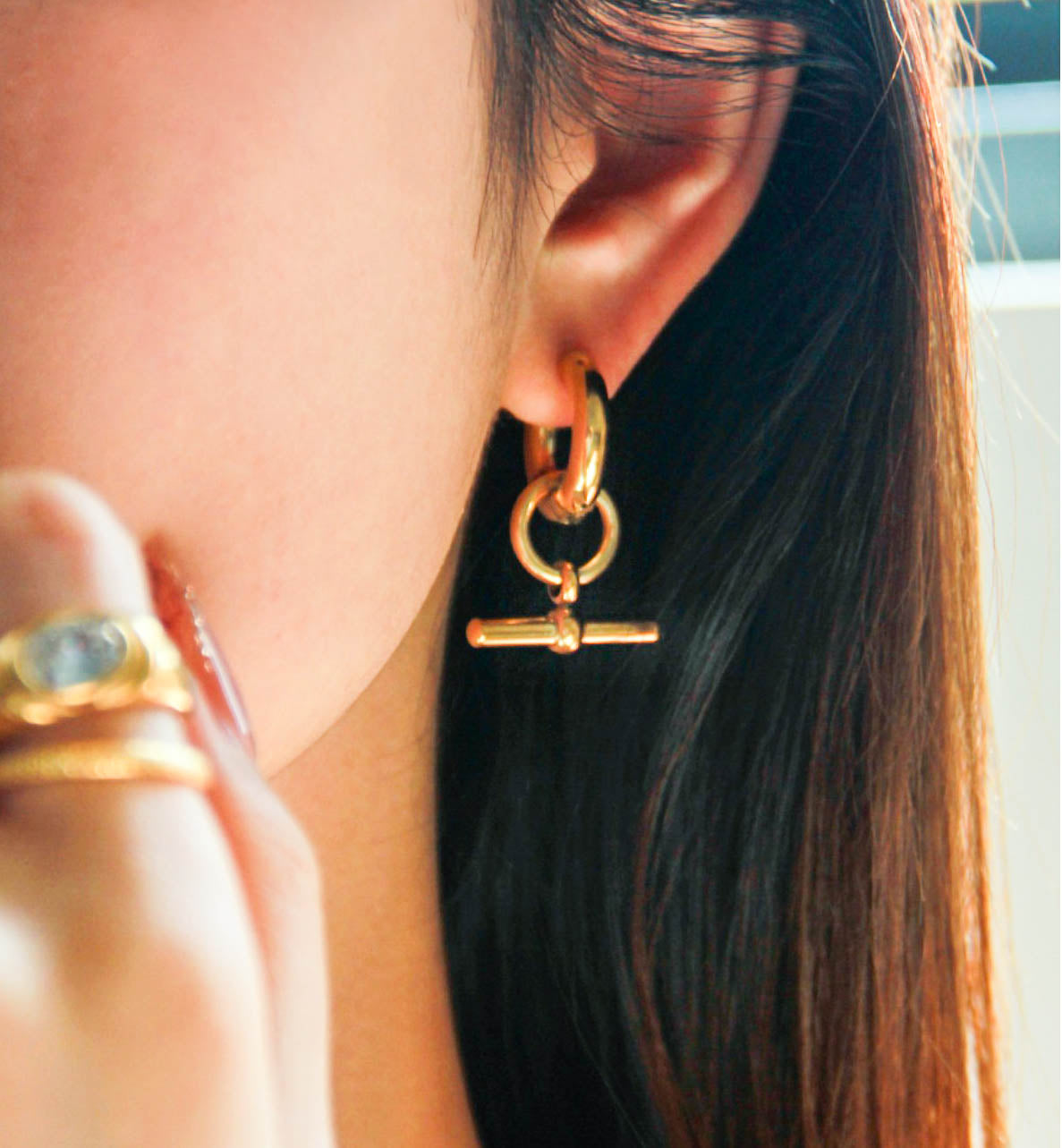 Gold Hoop Drop Earrings with Dangling Bar Charms