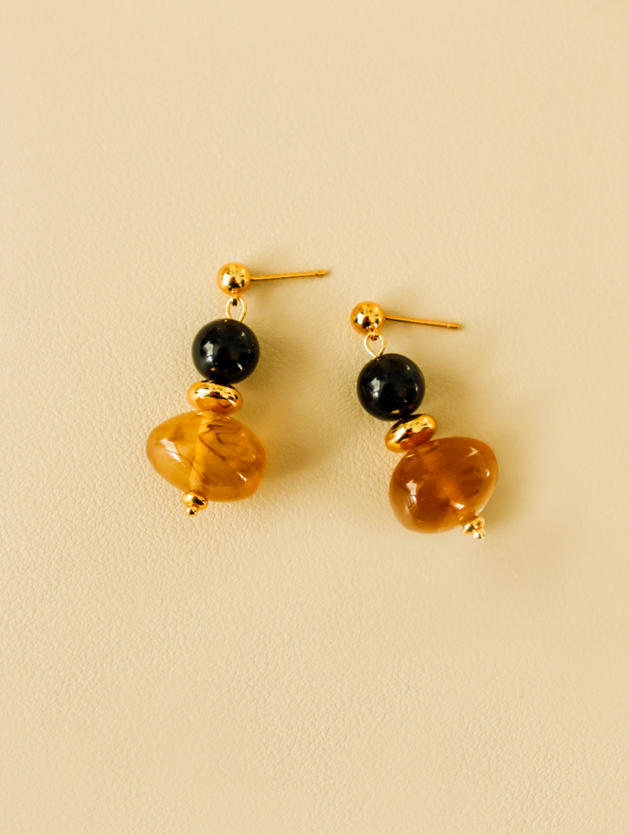 Gold Round Drop Earrings with Black and Brown Acetate Beads