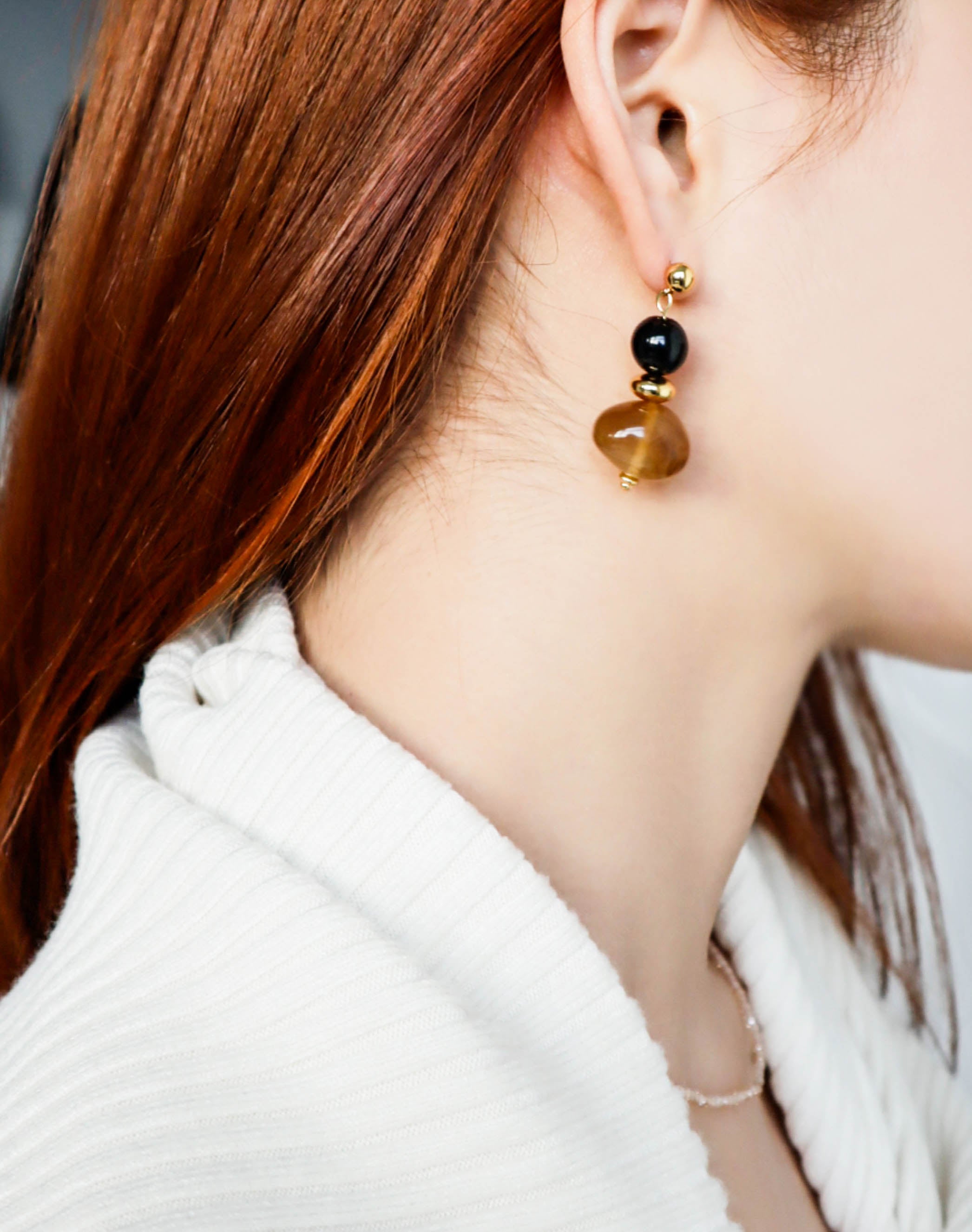 Gold Round Drop Earrings with Black and Brown Acetate Beads