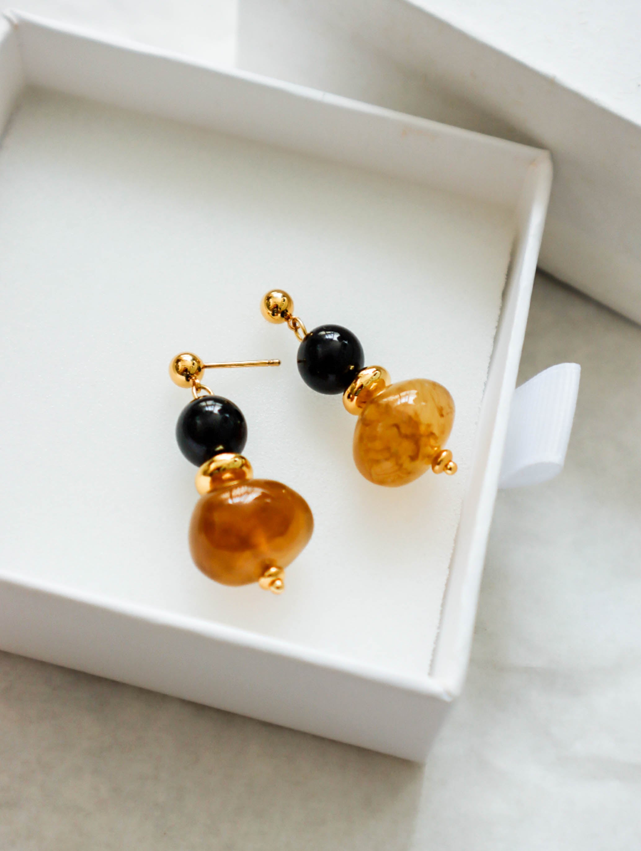 Gold Round Drop Earrings with Black and Brown Acetate Beads