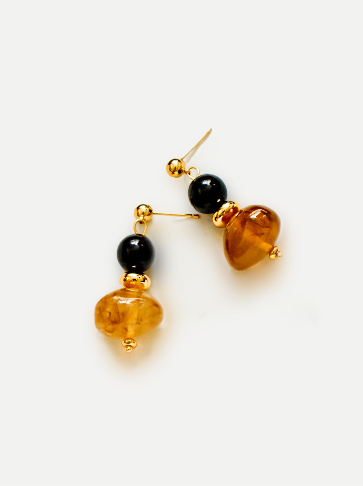 Gold Round Drop Earrings with Black and Brown Acetate Beads