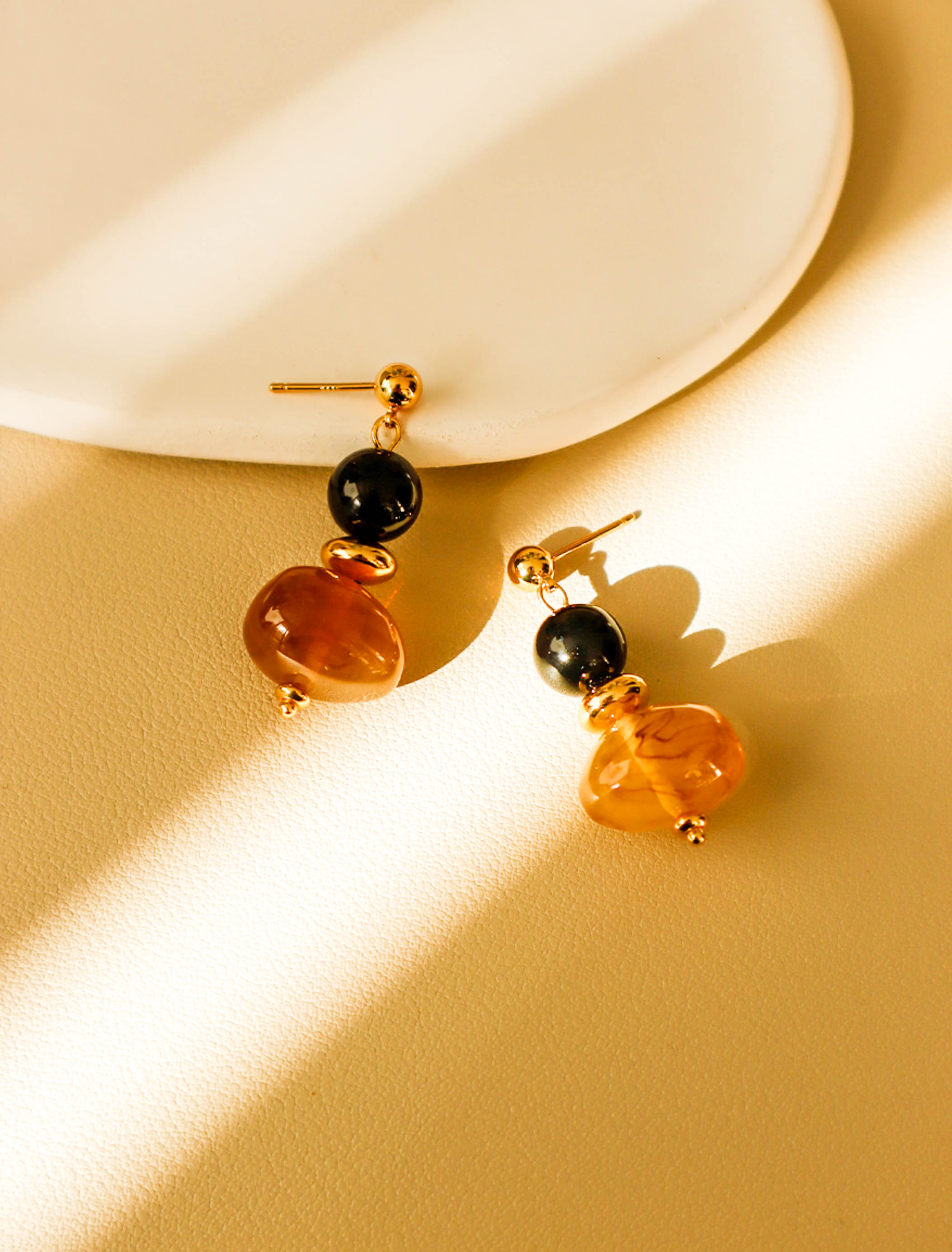 Gold Round Drop Earrings with Black and Brown Acetate Beads