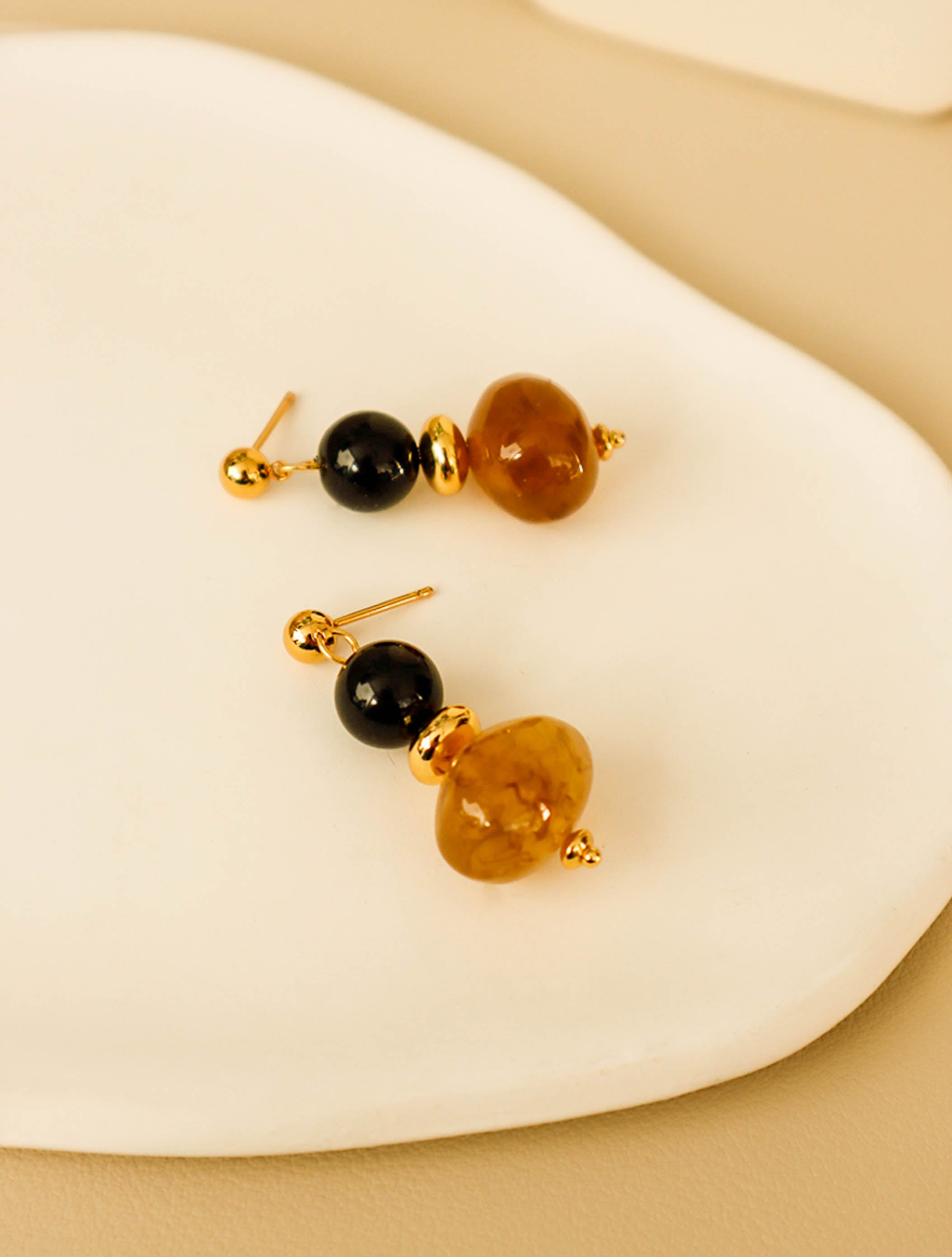 Gold Round Drop Earrings with Black and Brown Acetate Beads