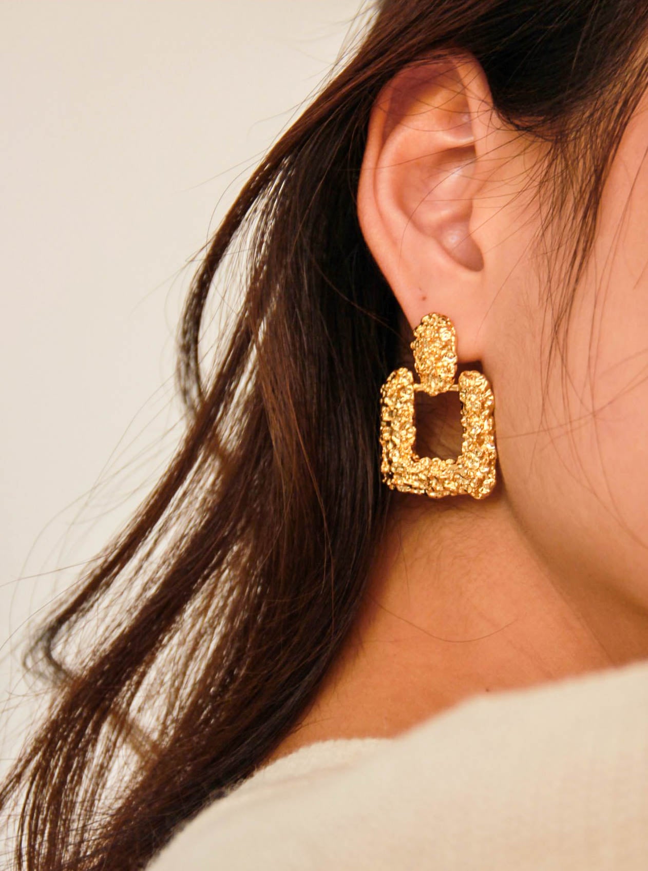 Gold Retro Textured Square Drop Earrings