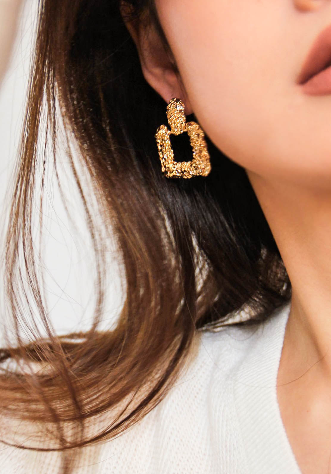 Gold Retro Textured Square Drop Earrings