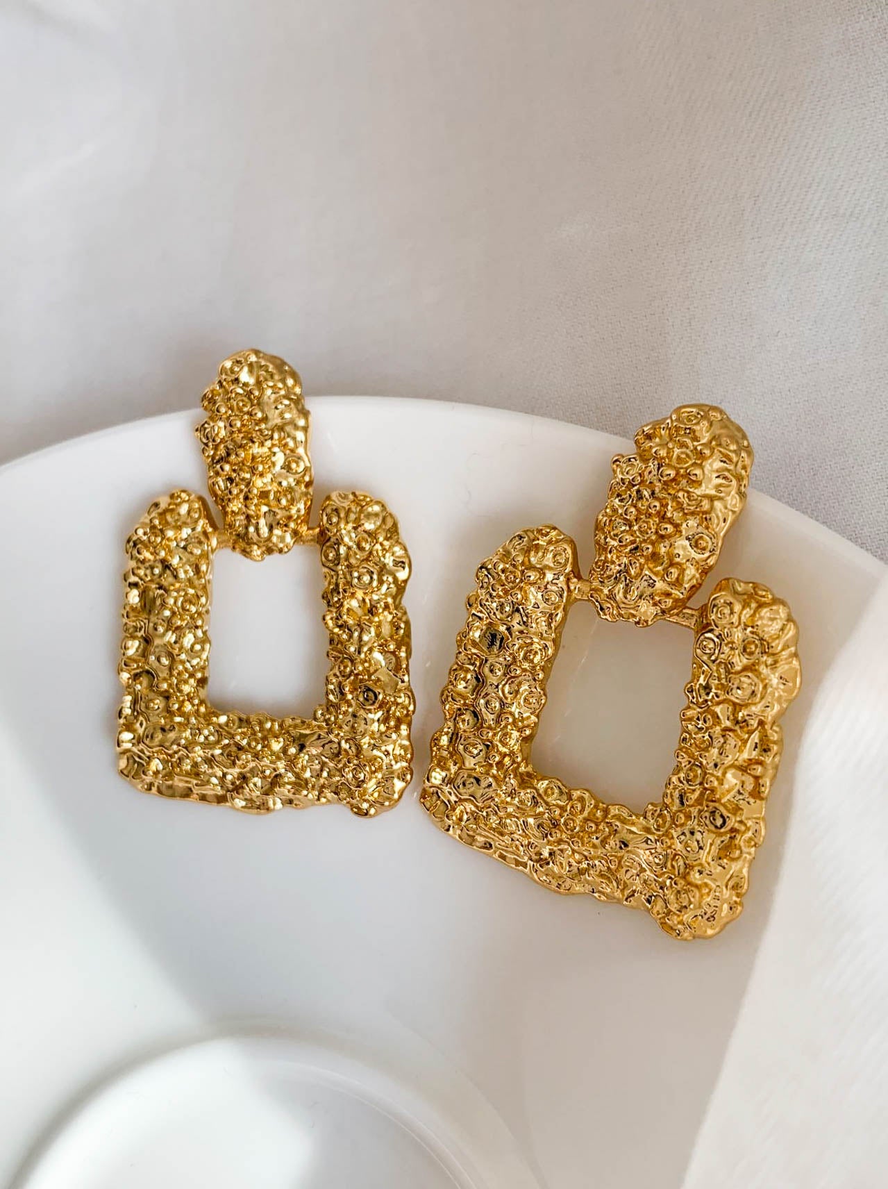 Gold Retro Textured Square Drop Earrings