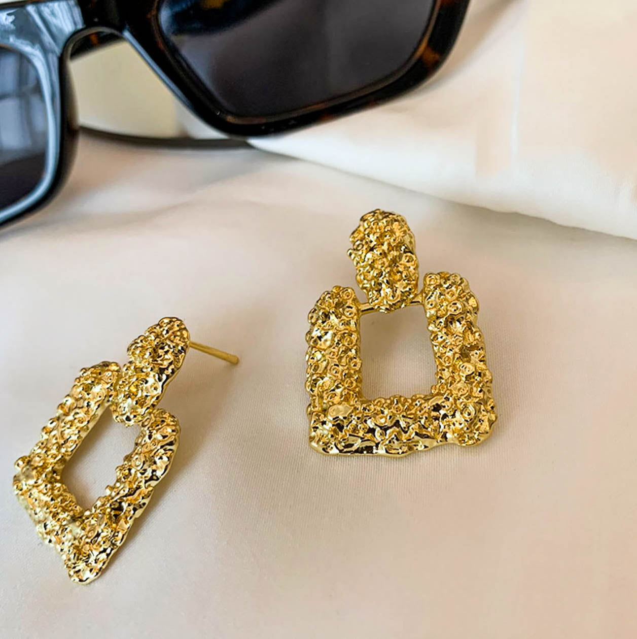 Gold Retro Textured Square Drop Earrings