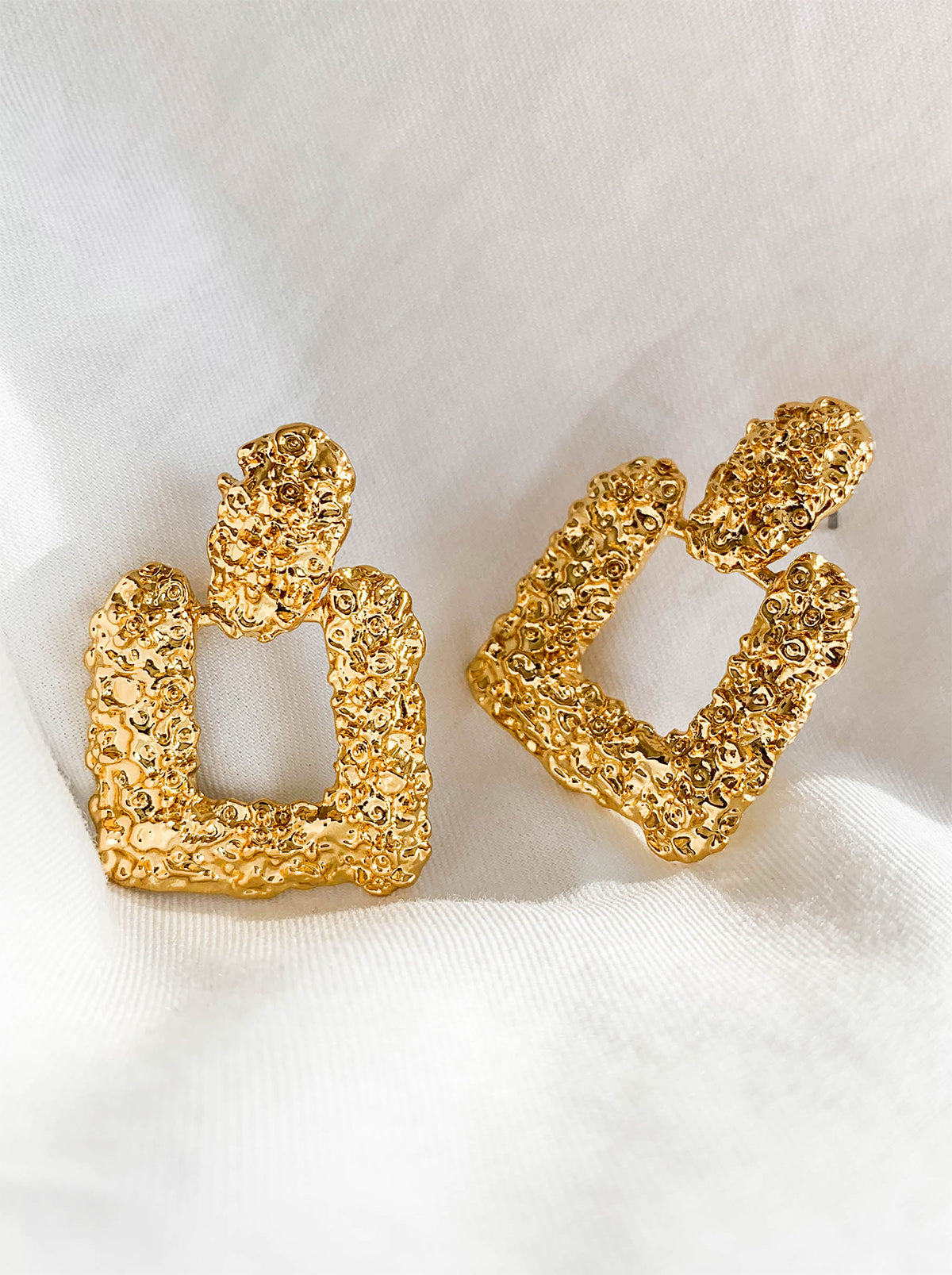 Gold Retro Textured Square Drop Earrings