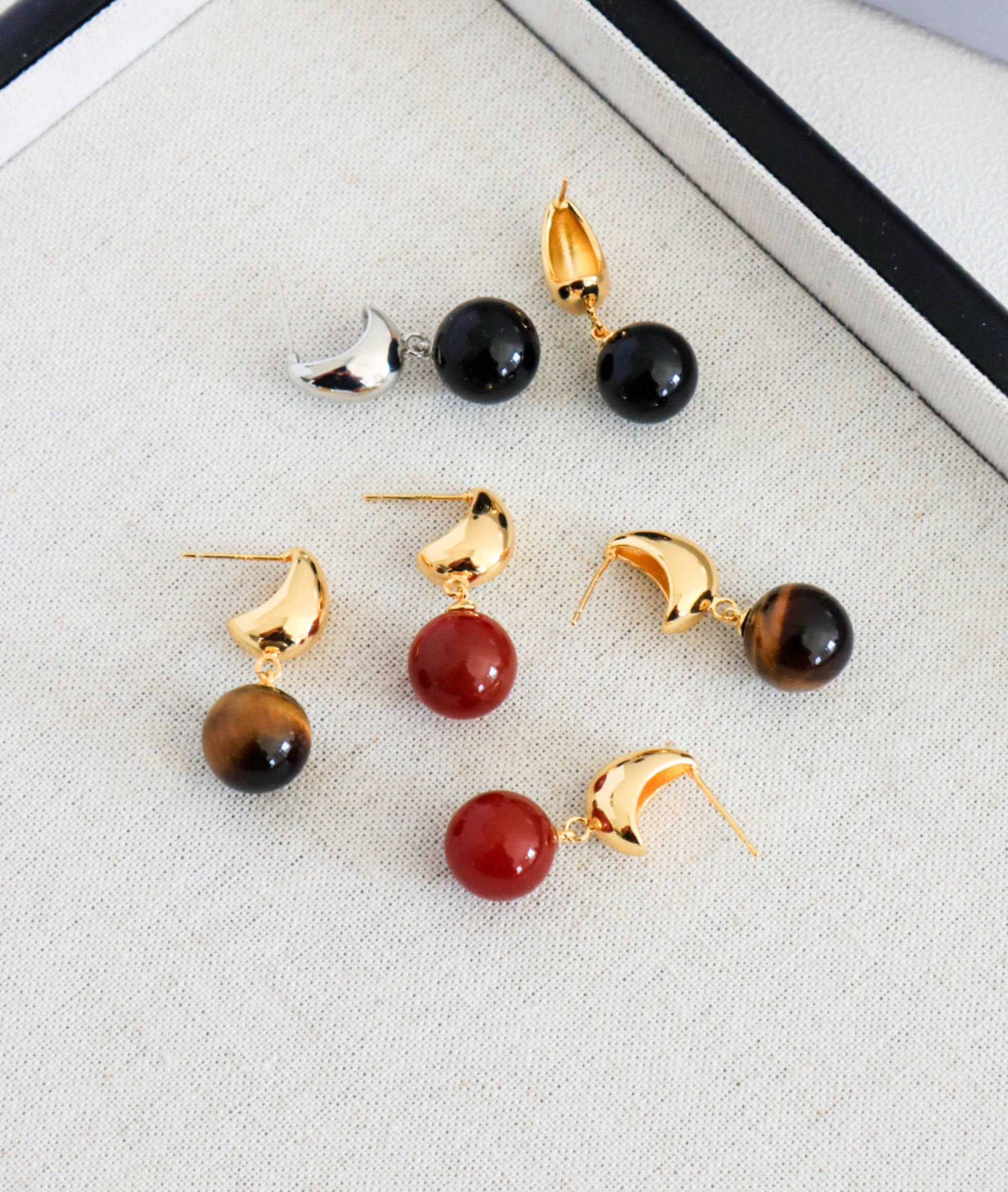 Gold/ Silver Drop Earrings with Red/ Black Agate Balls