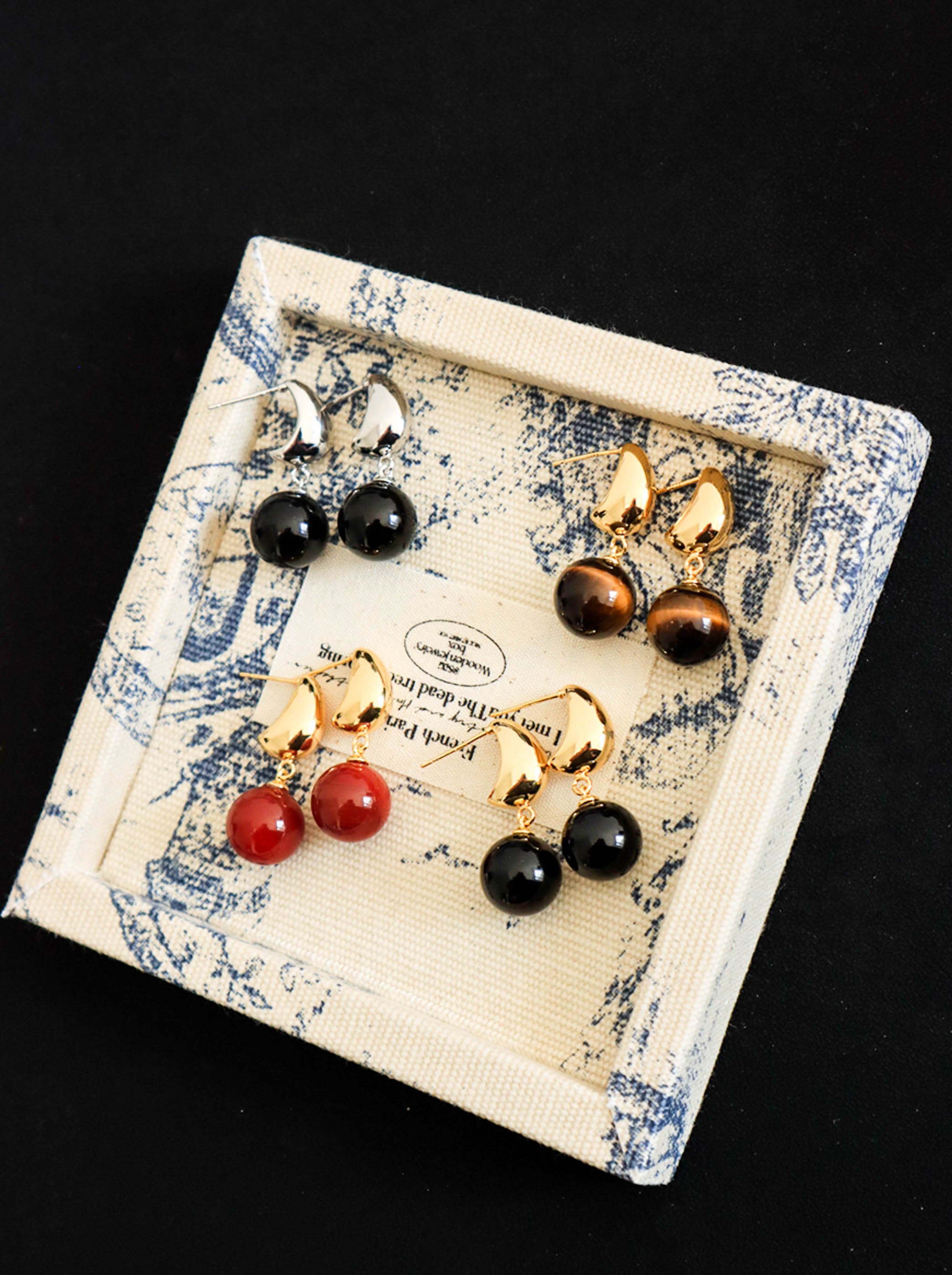 Gold/ Silver Drop Earrings with Red/ Black Agate Balls