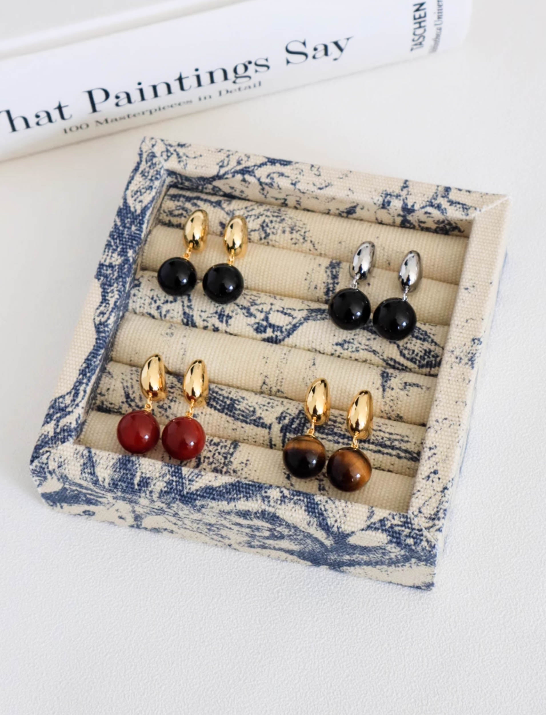 Gold/ Silver Drop Earrings with Red/ Black Agate Balls