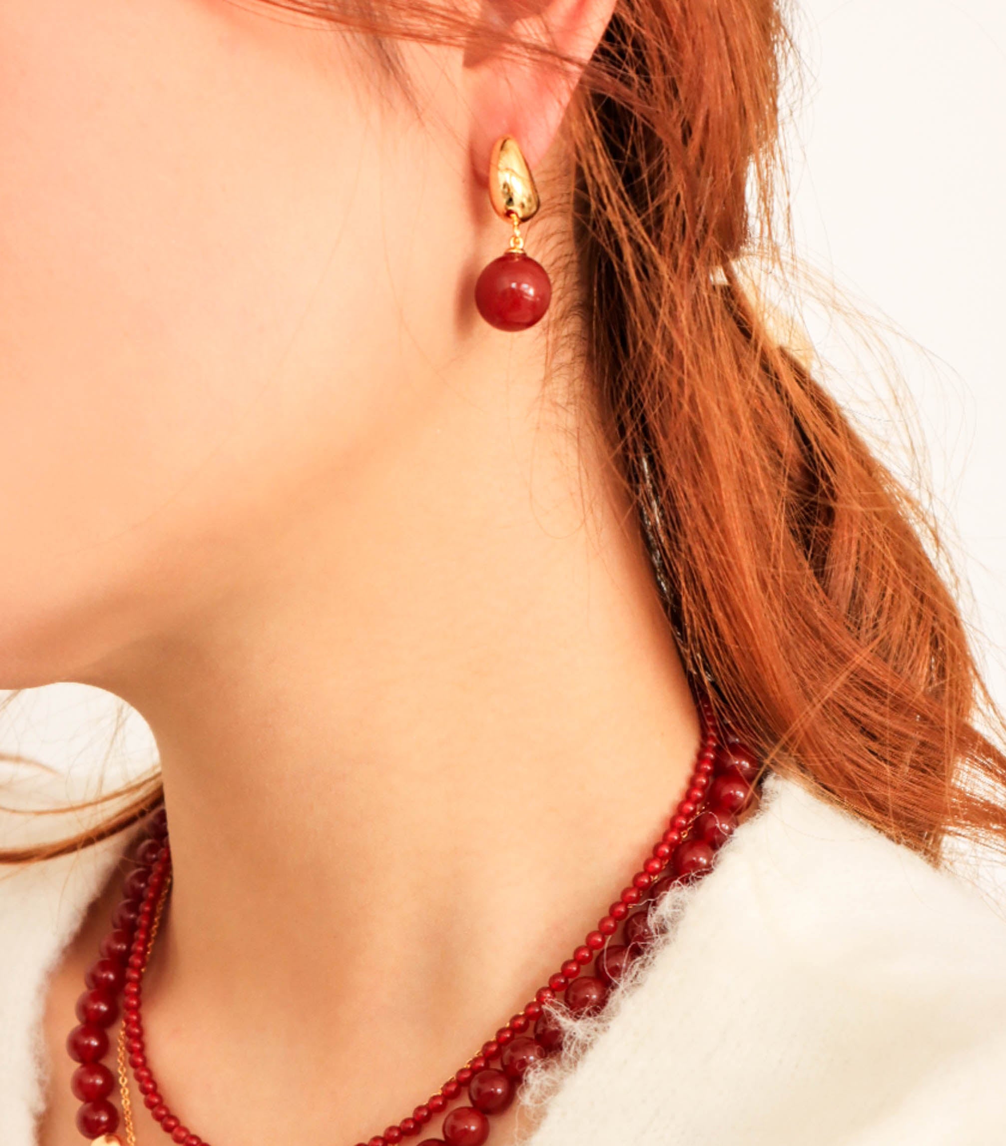 Gold/ Silver Drop Earrings with Red/ Black Agate Balls