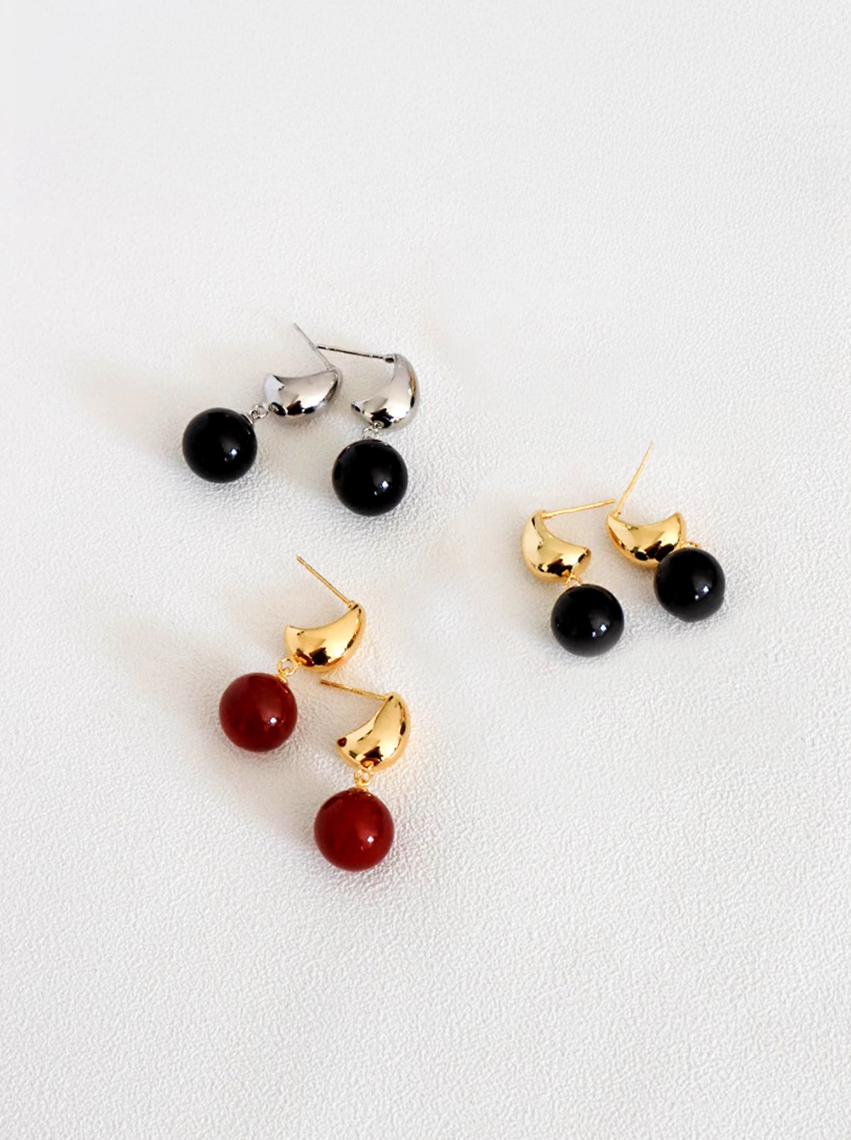 Gold/ Silver Drop Earrings with Red/ Black Agate Balls