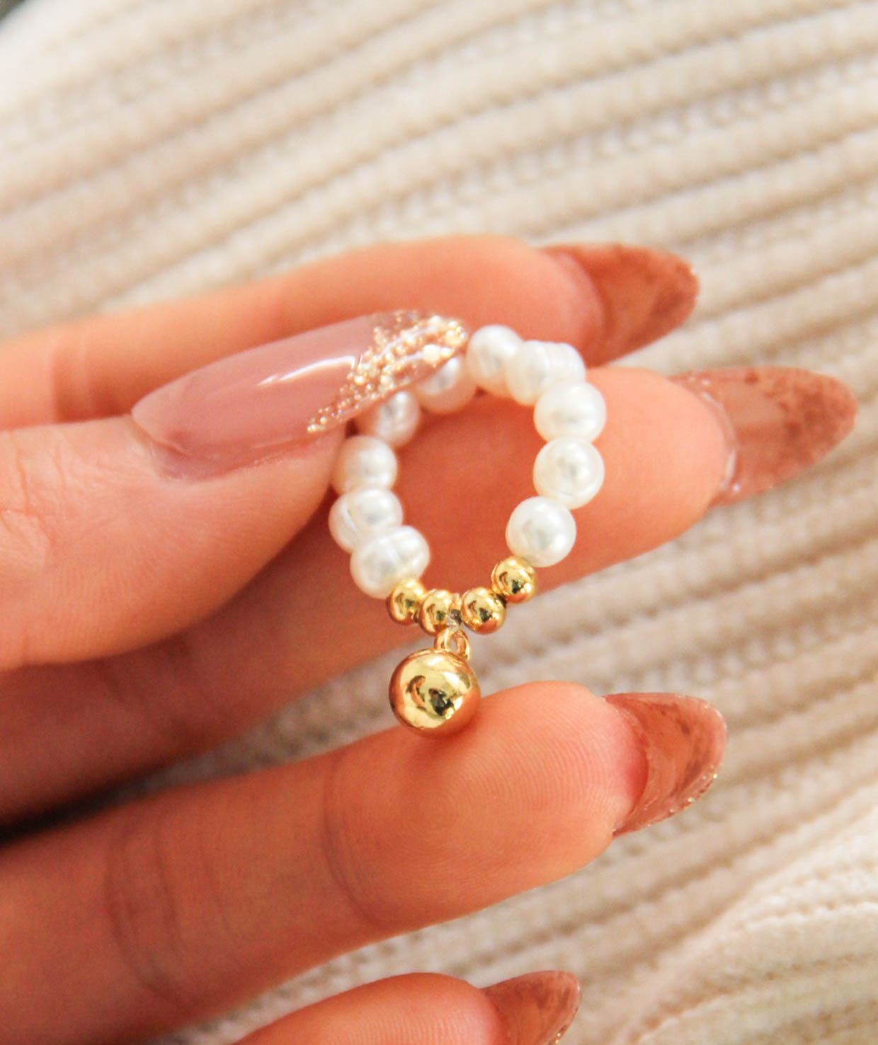 Gold Ball Charm White Natural Pearls Beaded Ring