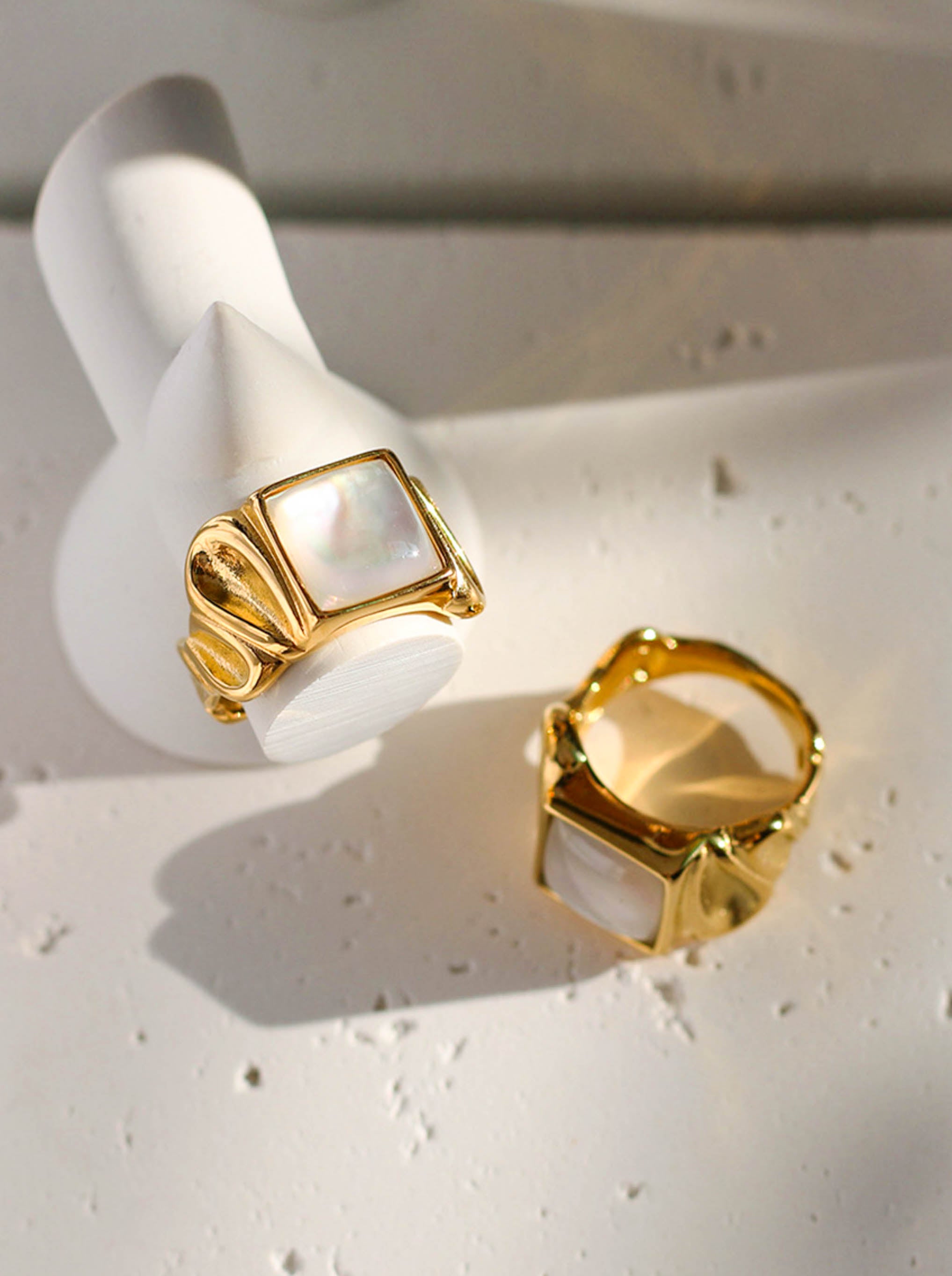 Gold White Shell Pearl Square Statement Ring