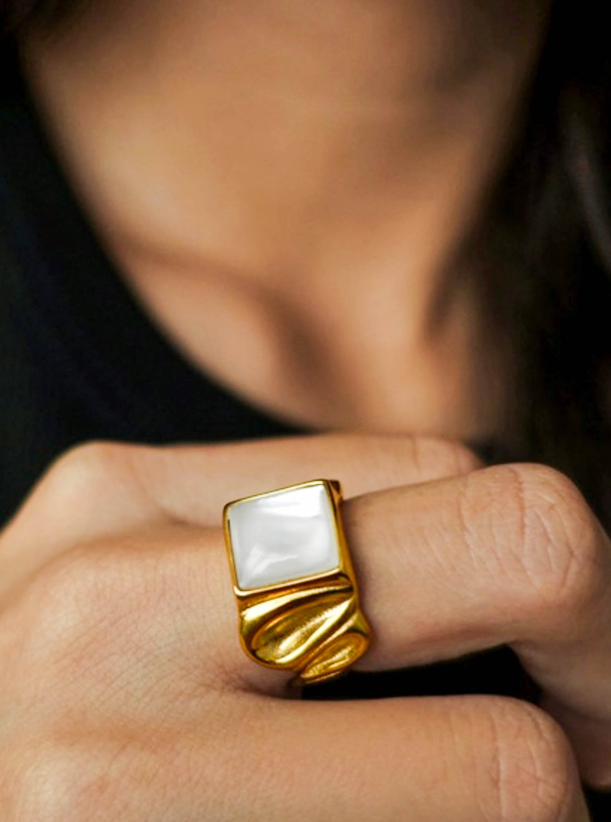 Gold White Shell Pearl Square Statement Ring