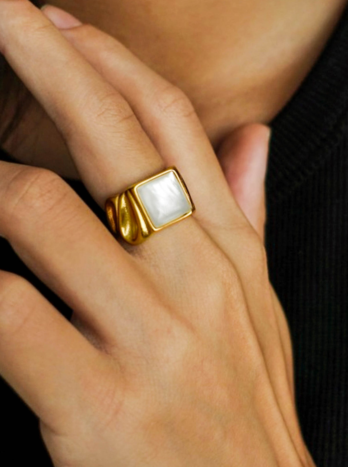 Gold White Shell Pearl Square Statement Ring