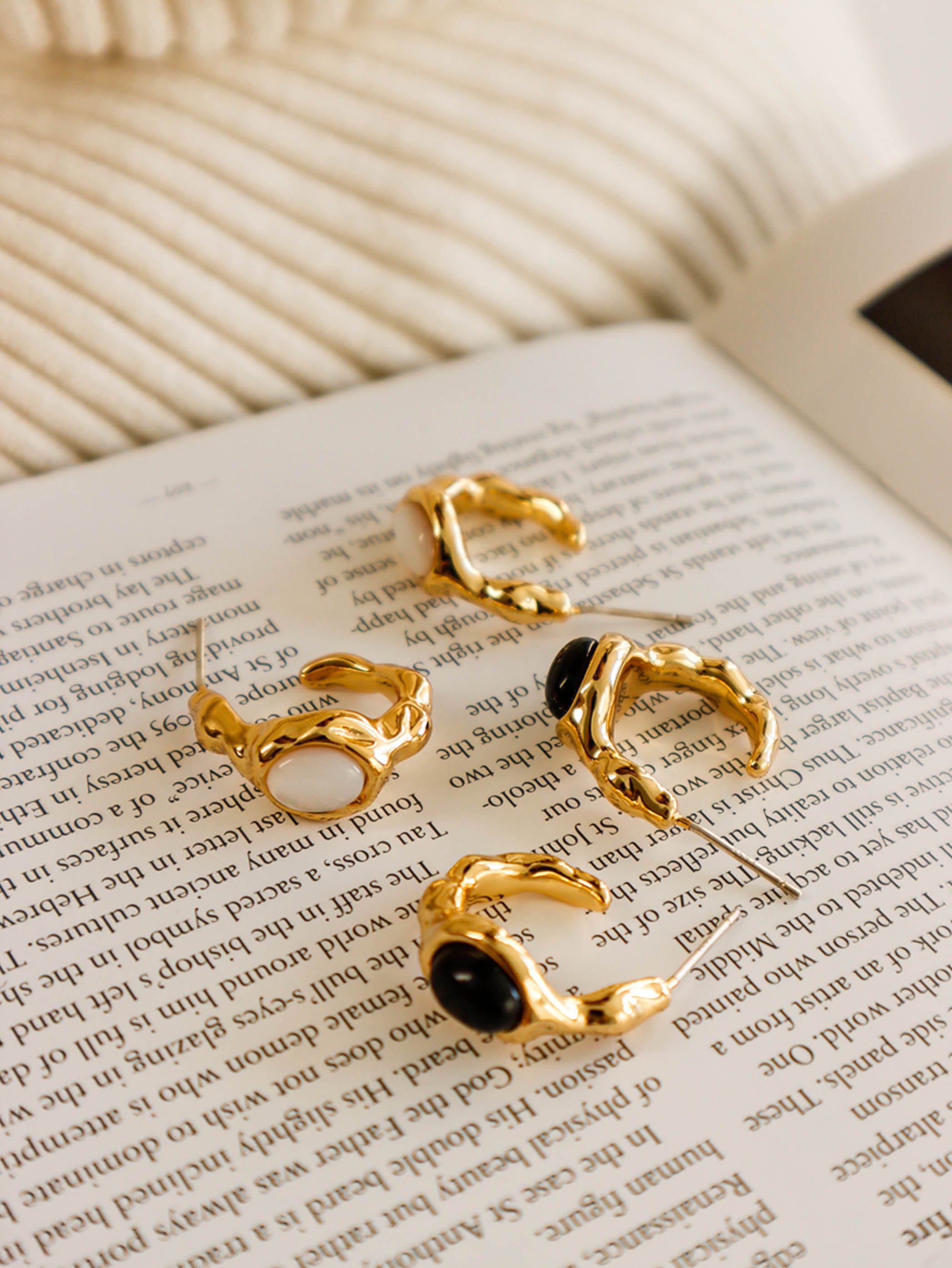 Gold Textured Irregular C Shaped Hoop Earrings with Black/ White Acetate Beads