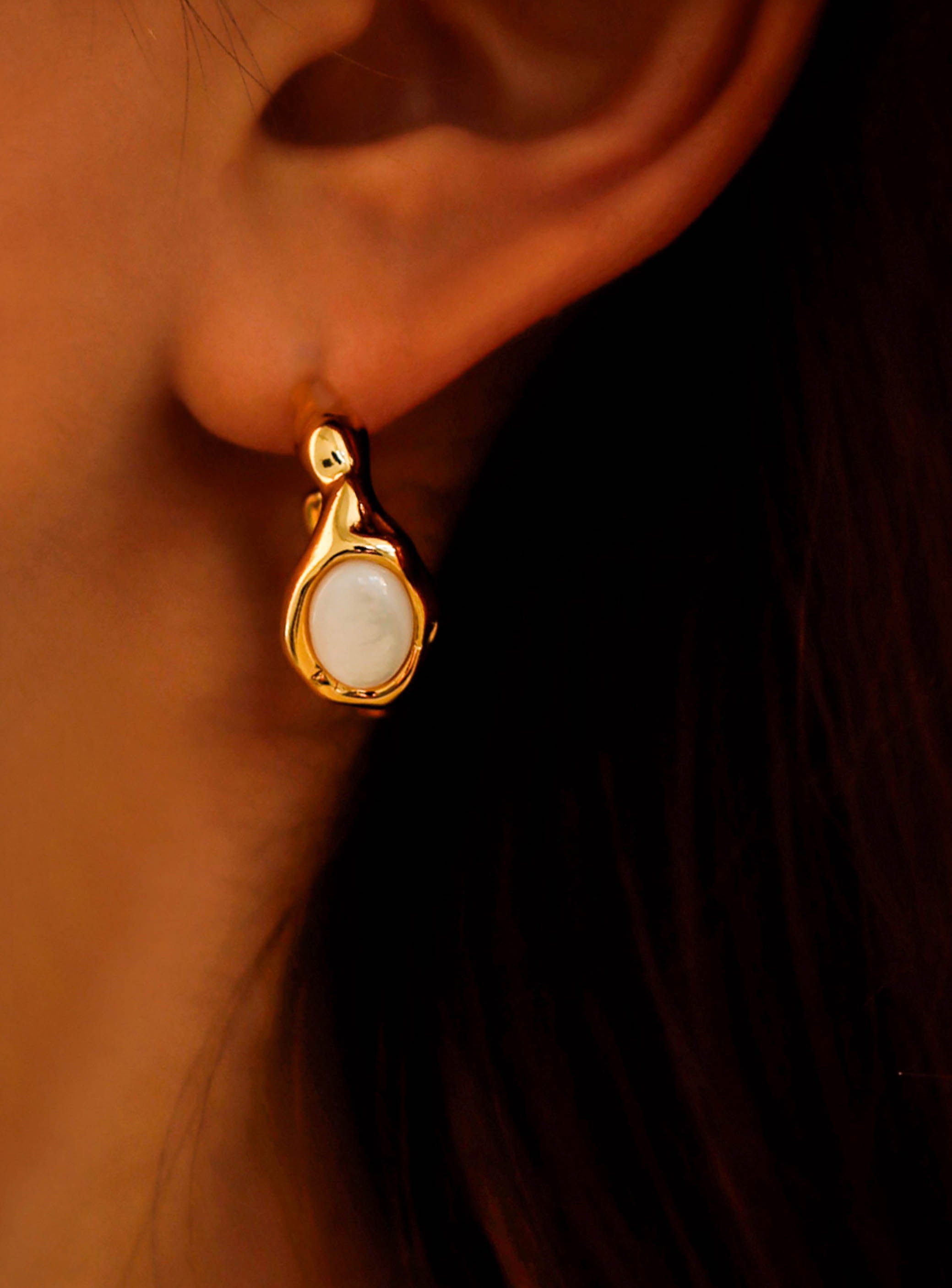 Gold Textured Irregular C Shaped Hoop Earrings with Black/ White Acetate Beads