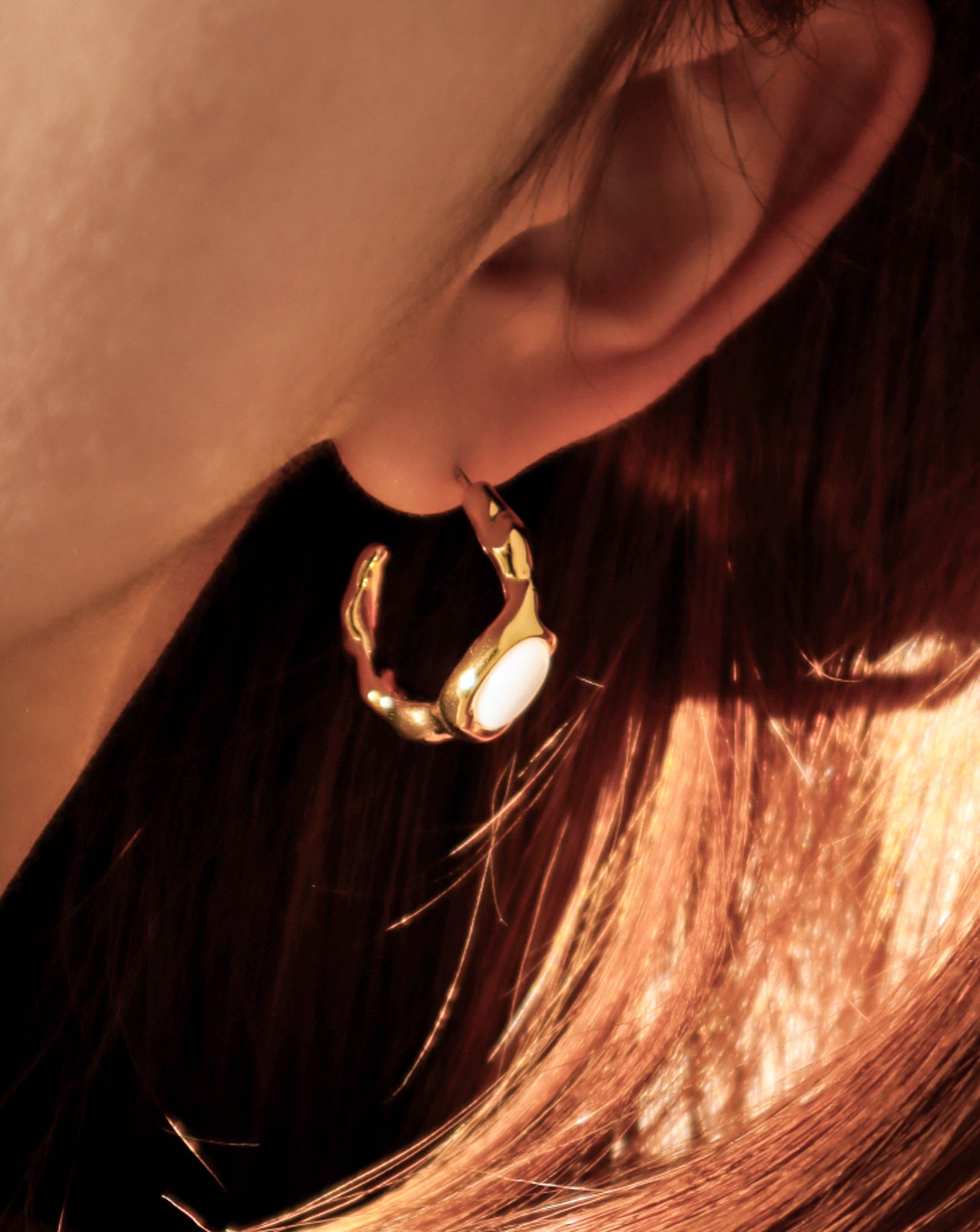 Gold Textured Irregular C Shaped Hoop Earrings with Black/ White Acetate Beads