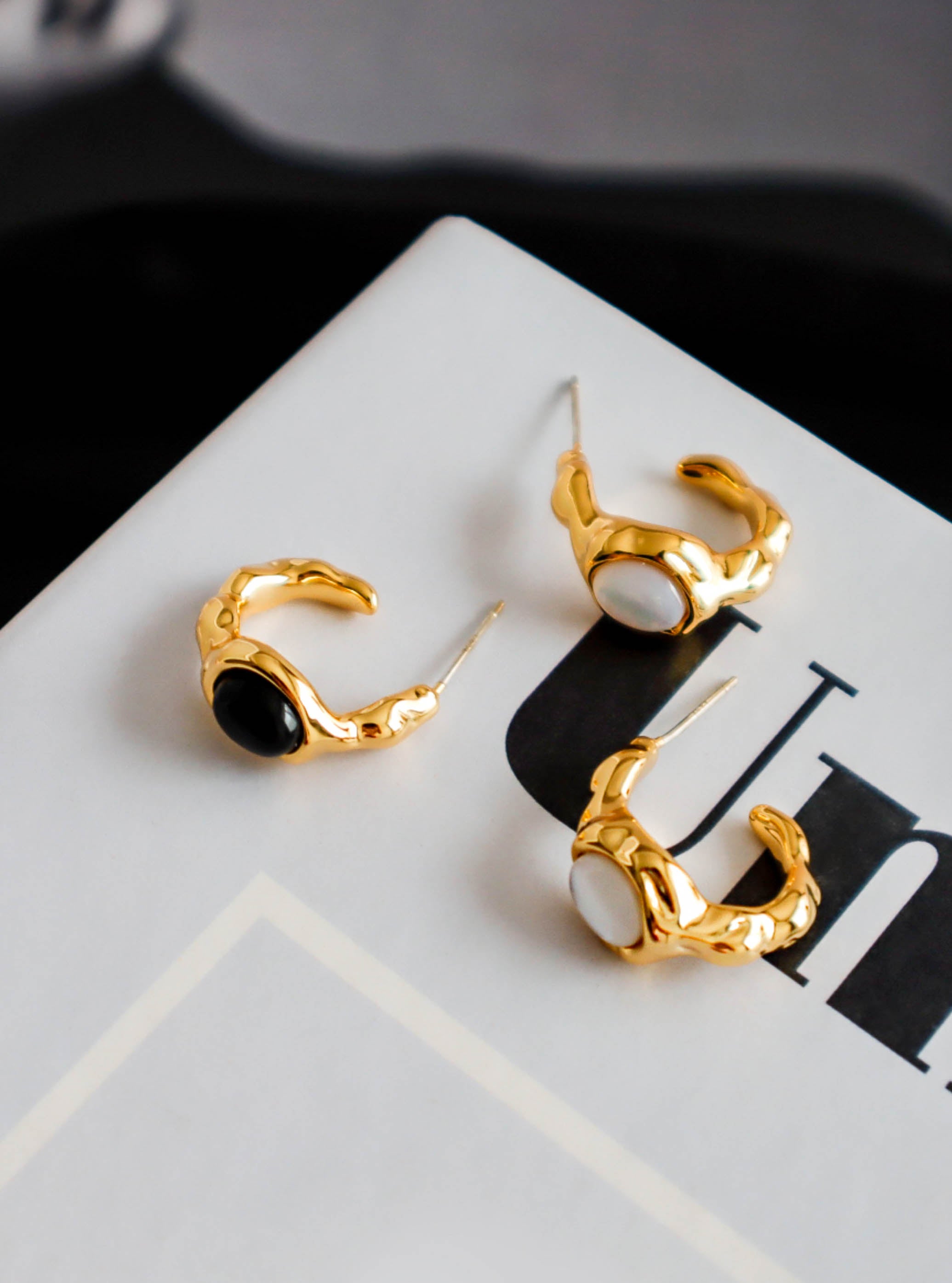 Gold Textured Irregular C Shaped Hoop Earrings with Black/ White Acetate Beads