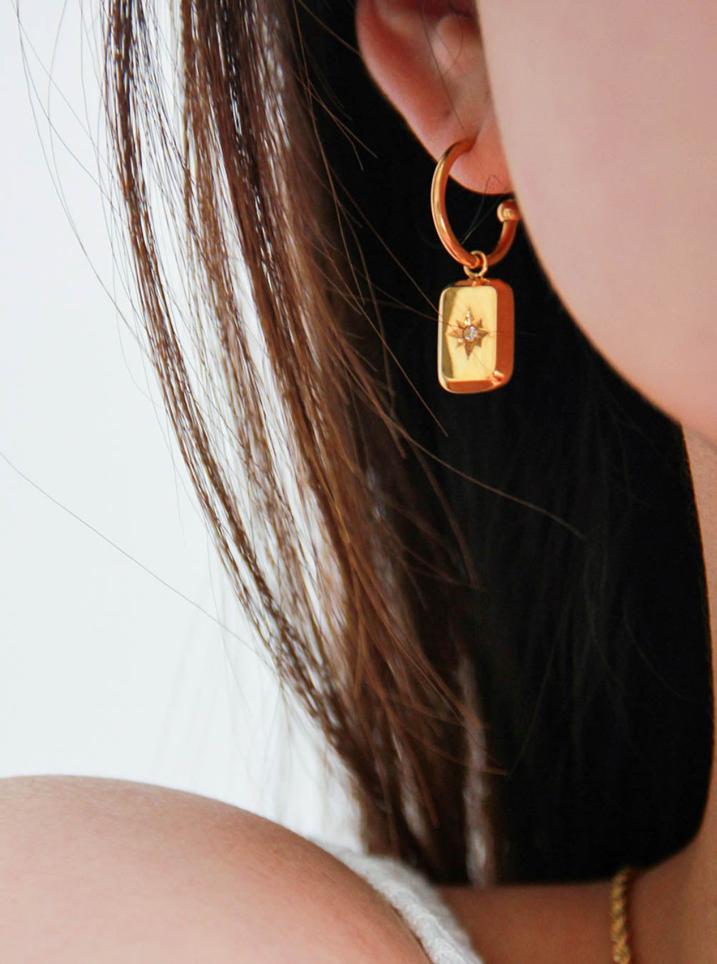 Gold Square Charm Hoop Earrings with Star Accents