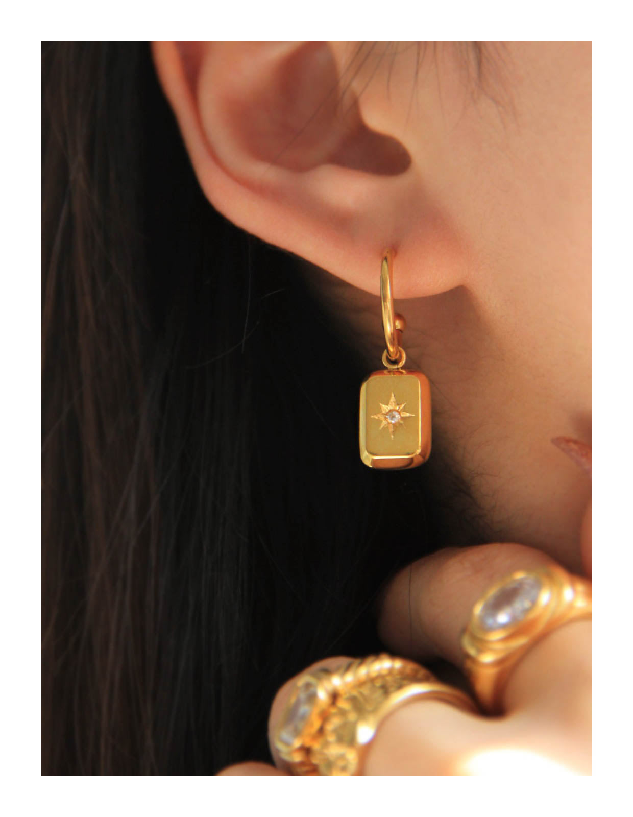 Gold Square Charm Hoop Earrings with Star Accents