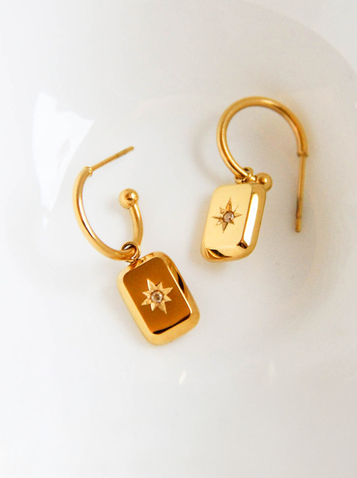 Gold Square Charm Hoop Earrings with Star Accents