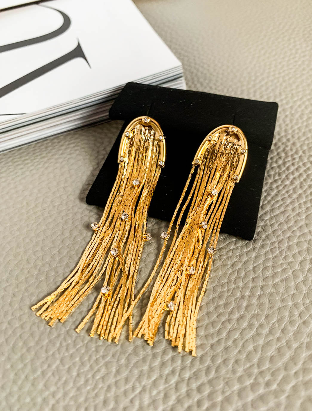 Gold Rhinestones Fringe Long Chains Drop Earrings