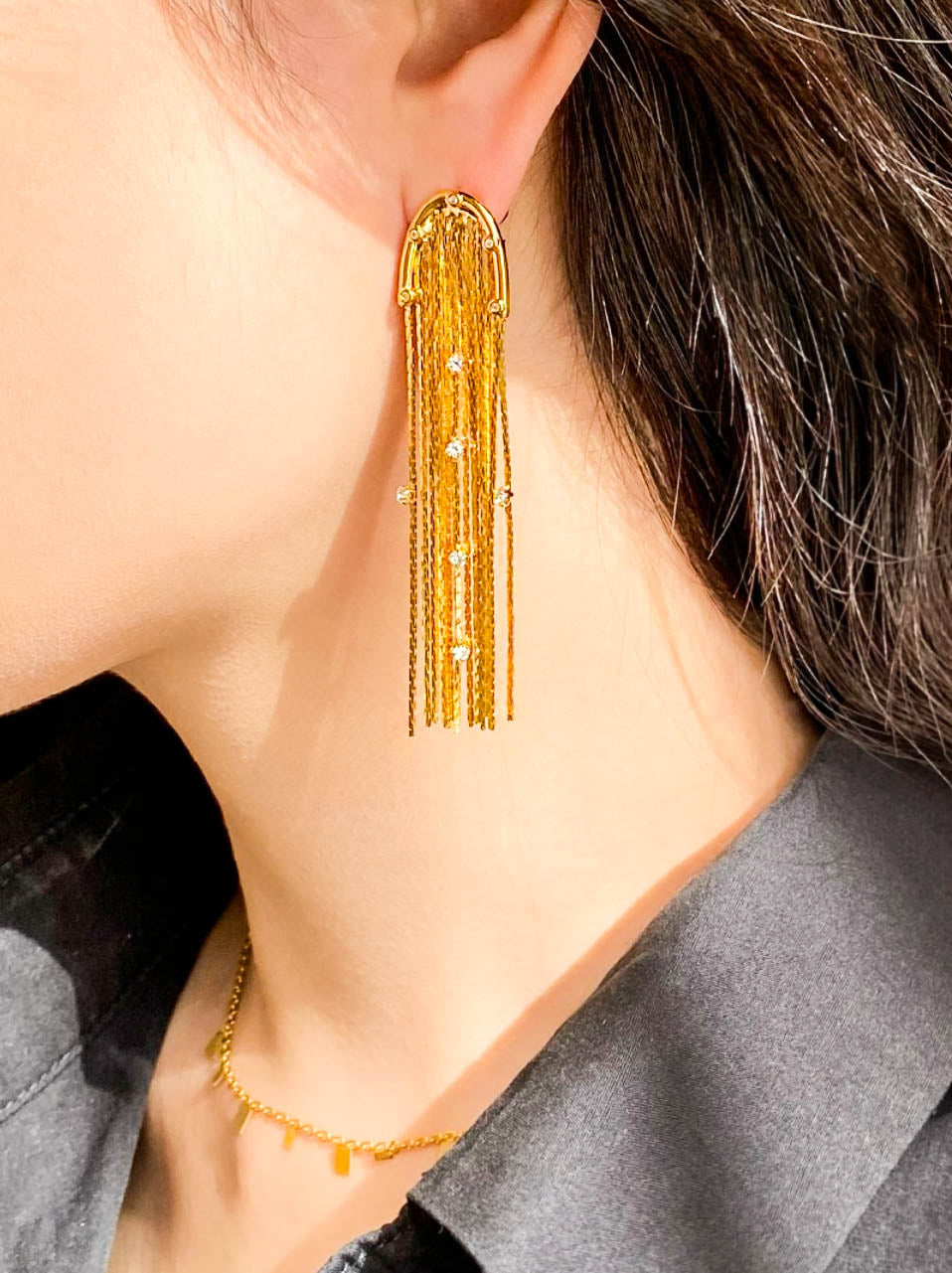 Gold Rhinestones Fringe Long Chains Drop Earrings