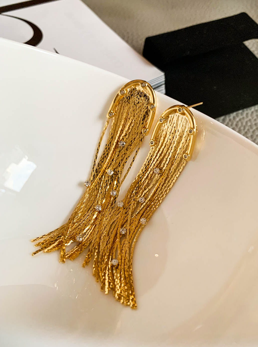 Gold Rhinestones Fringe Long Chains Drop Earrings