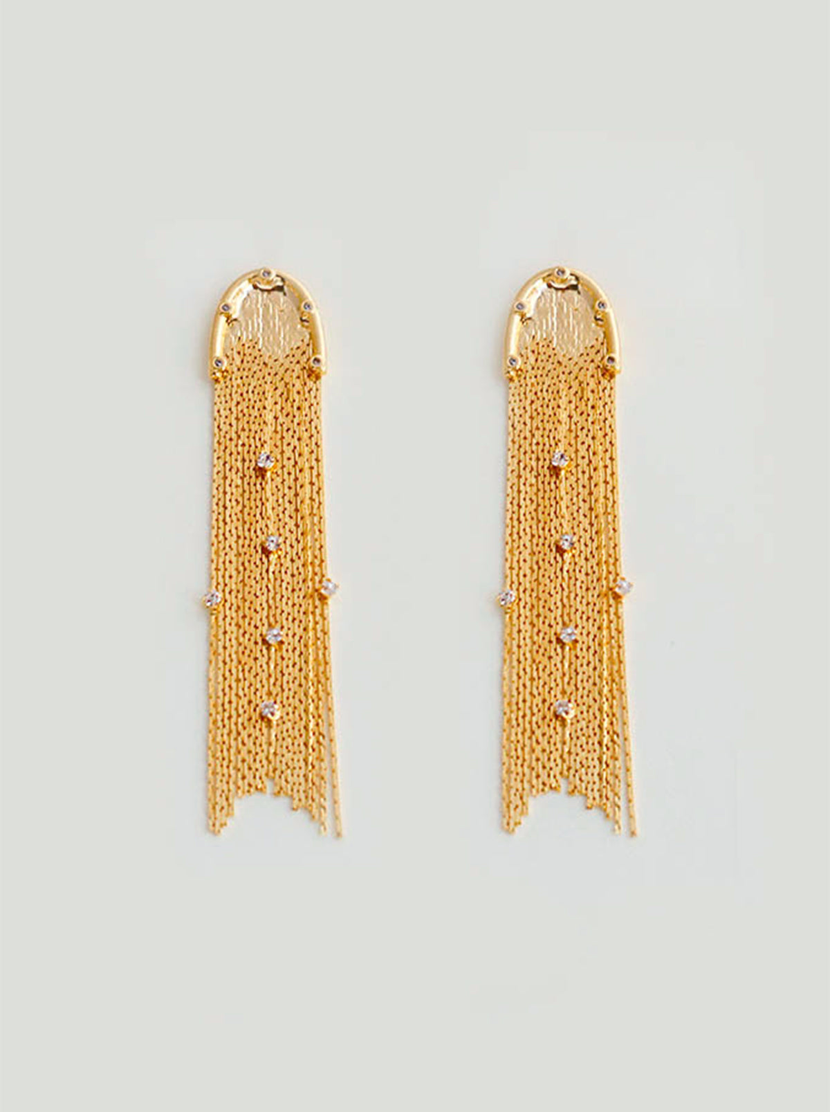 Gold Rhinestones Fringe Long Chains Drop Earrings