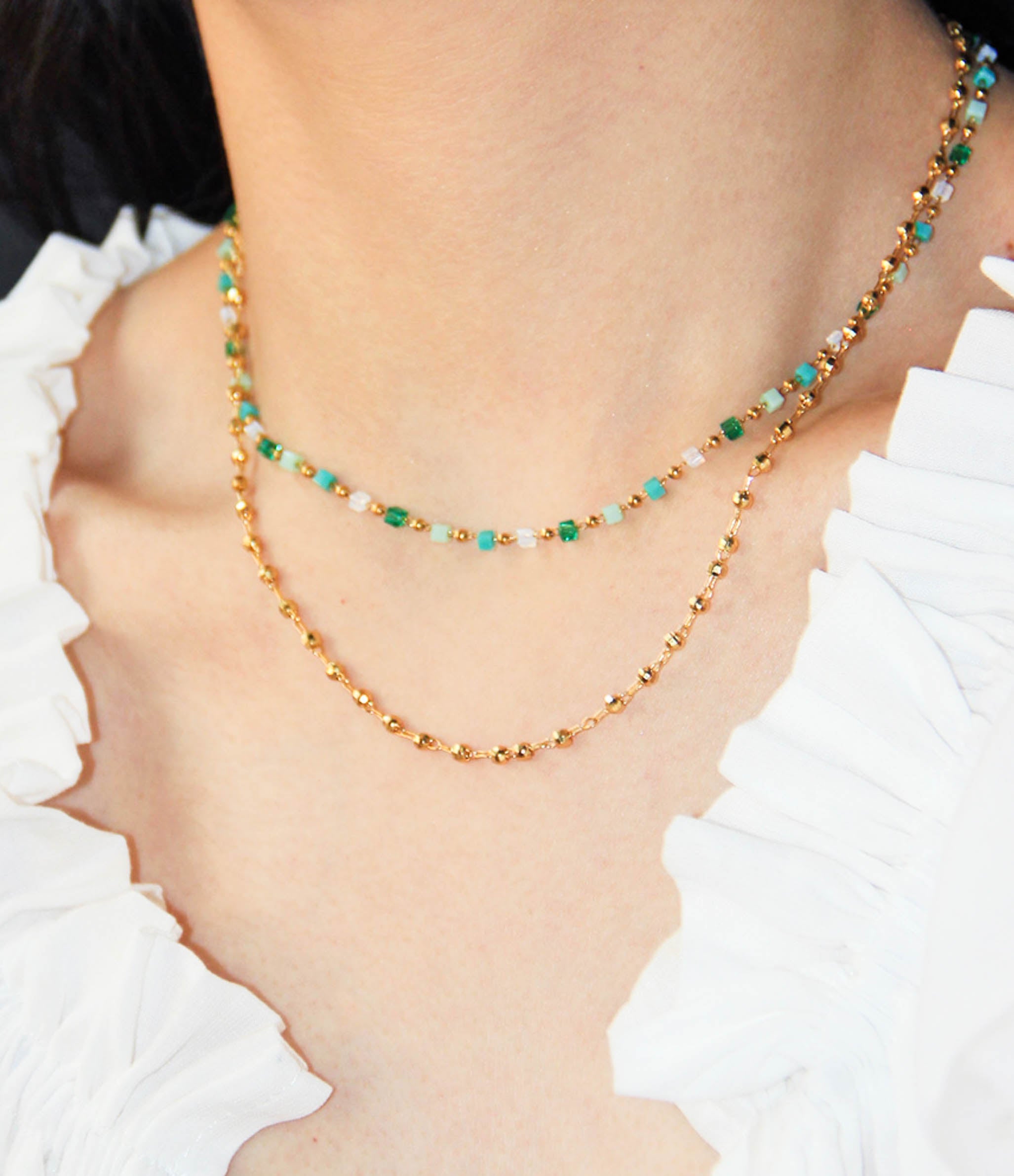 Gold Green White Teal Crystals Beaded Chain Necklace