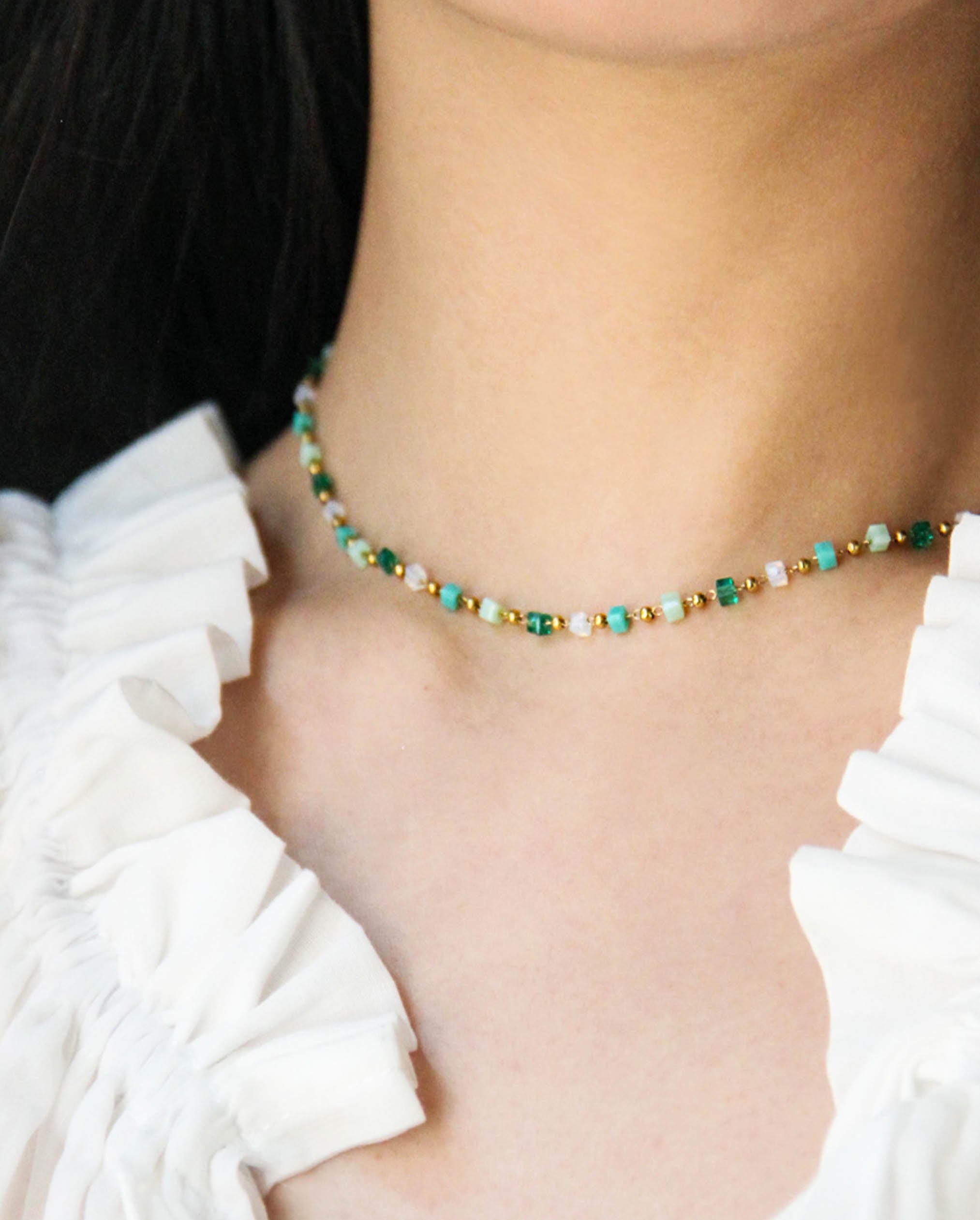 Gold Green White Teal Crystals Beaded Chain Necklace