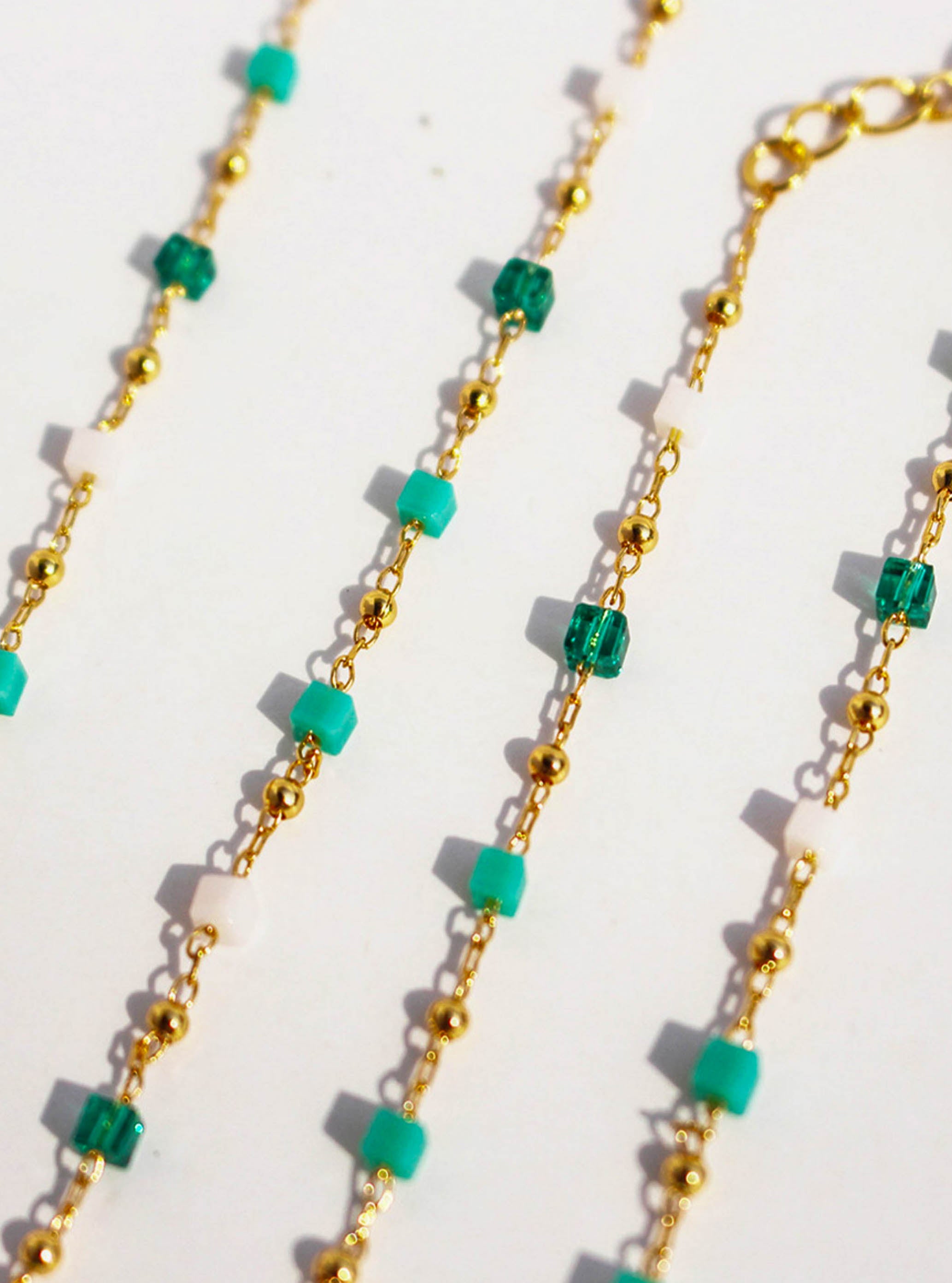 Gold Green White Teal Crystals Beaded Chain Necklace