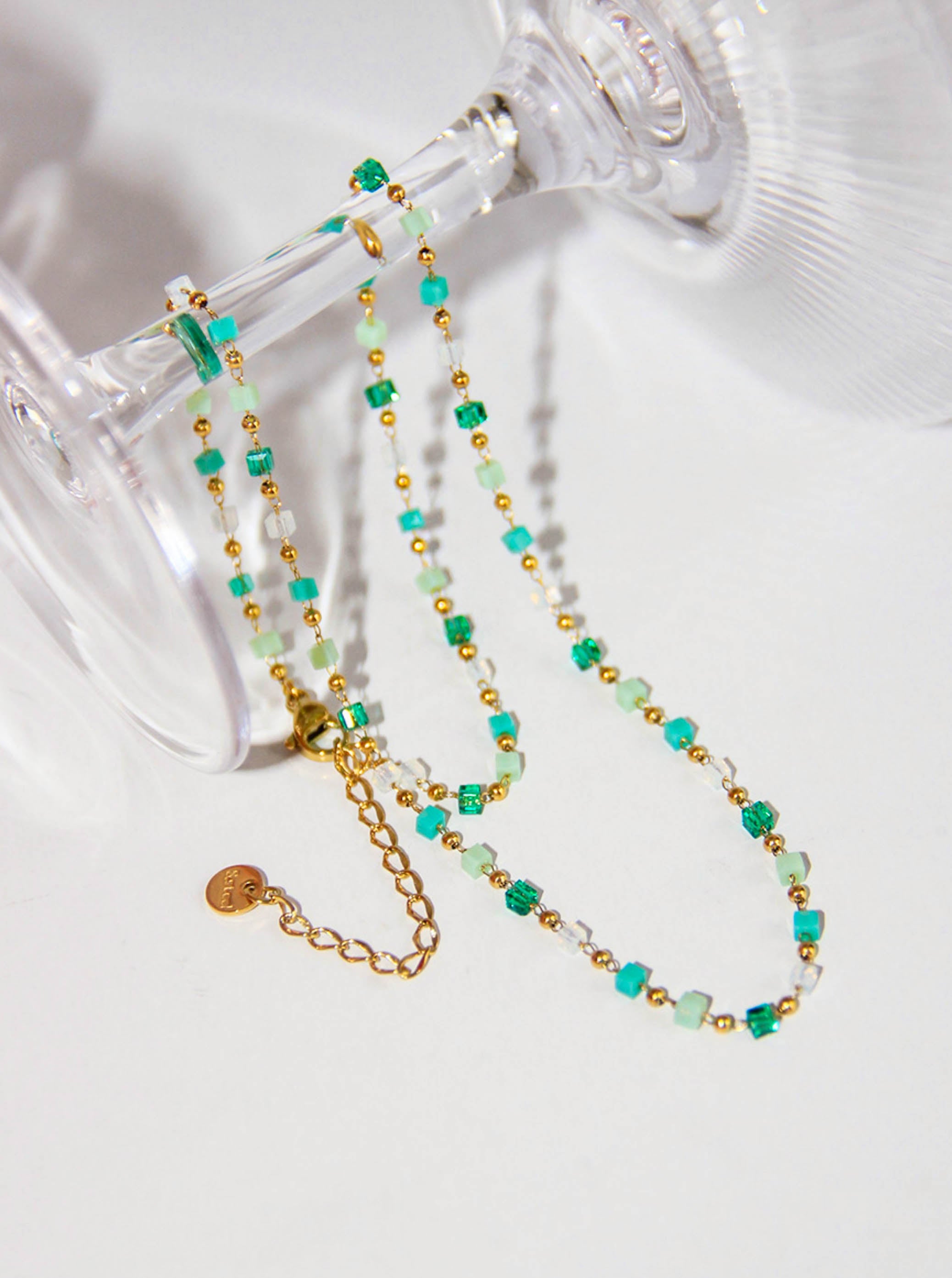 Gold Green White Teal Crystals Beaded Chain Necklace