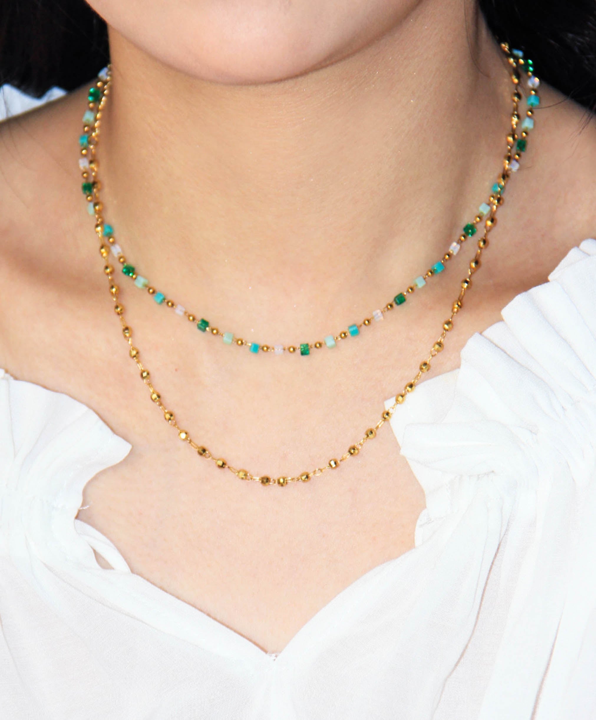 Gold Green White Teal Crystals Beaded Chain Necklace