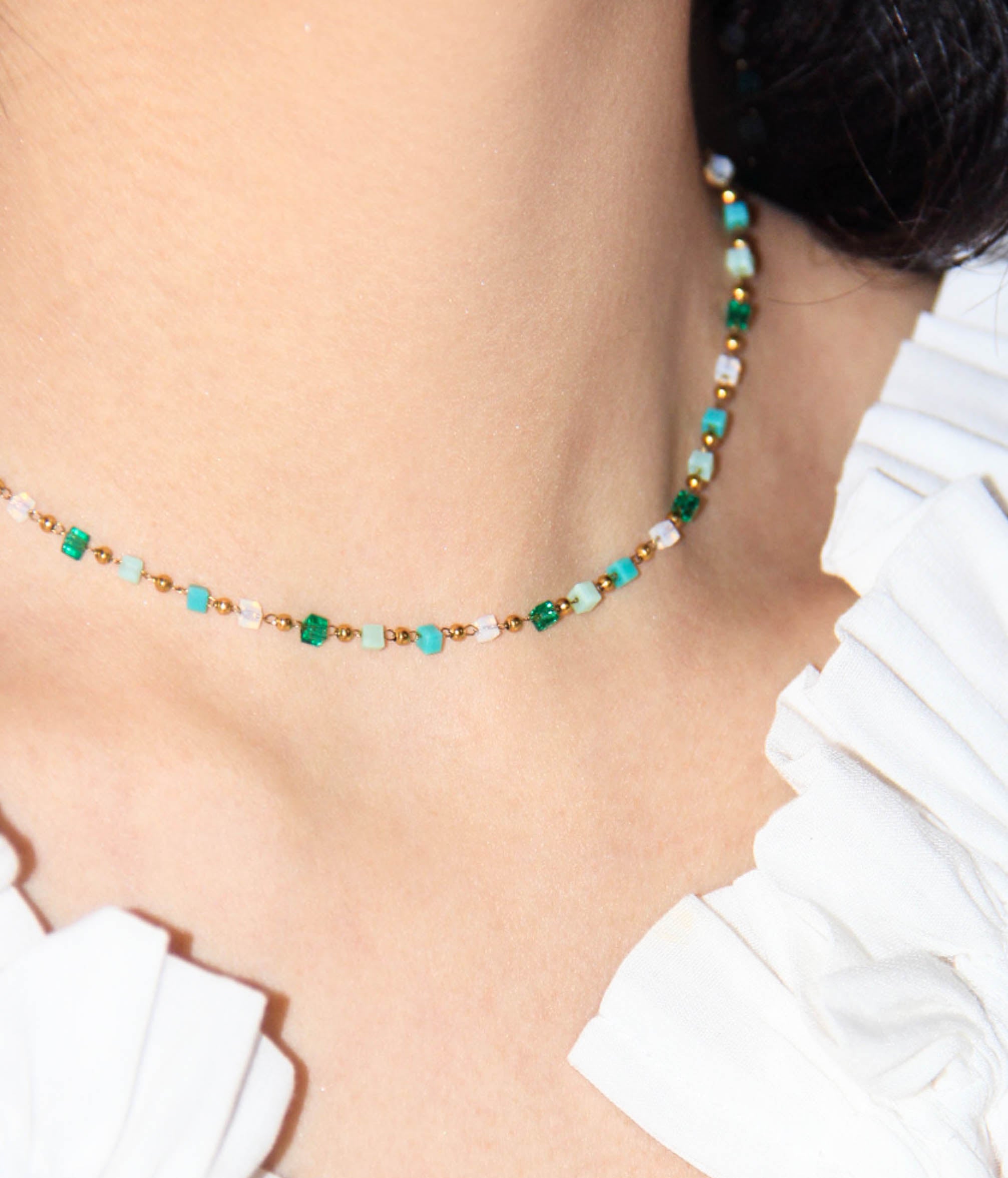 Gold Green White Teal Crystals Beaded Chain Necklace