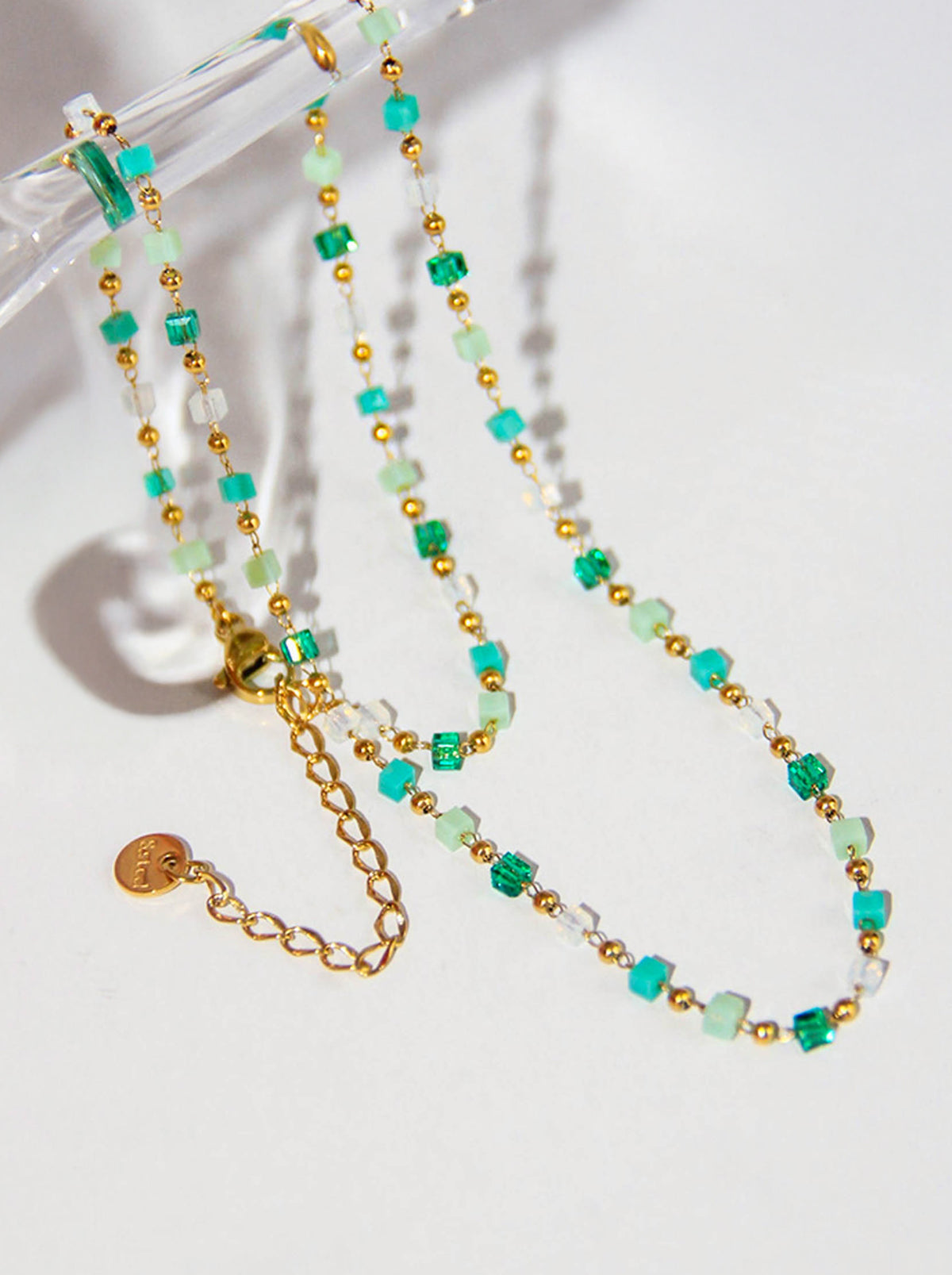 Gold Green White Teal Crystals Beaded Chain Necklace