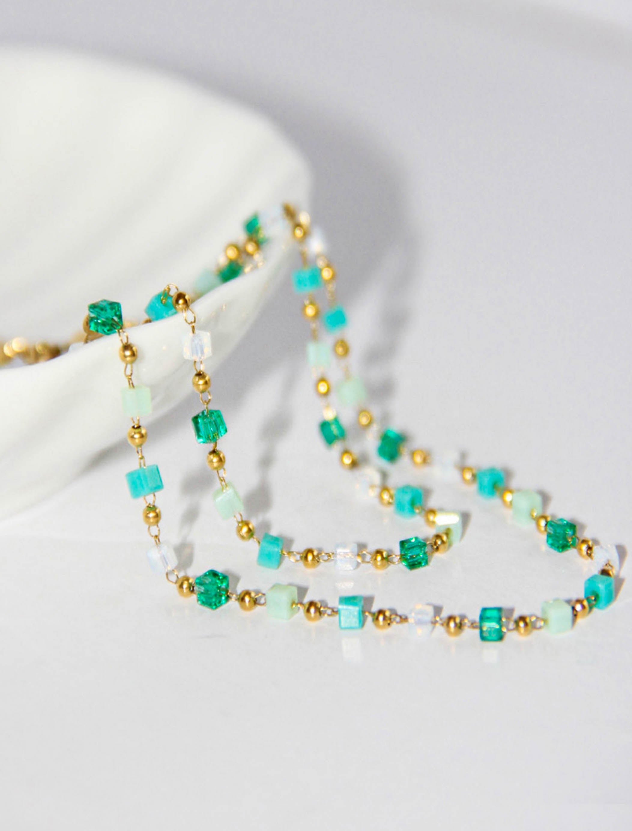 Gold Green White Teal Crystals Beaded Chain Necklace