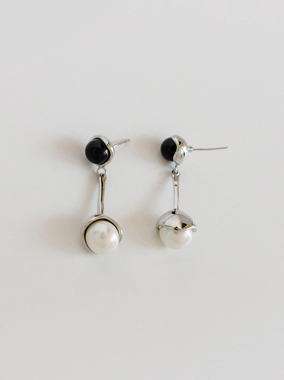 Silver Black Agate Faux Pearl Bead Drop Earrings