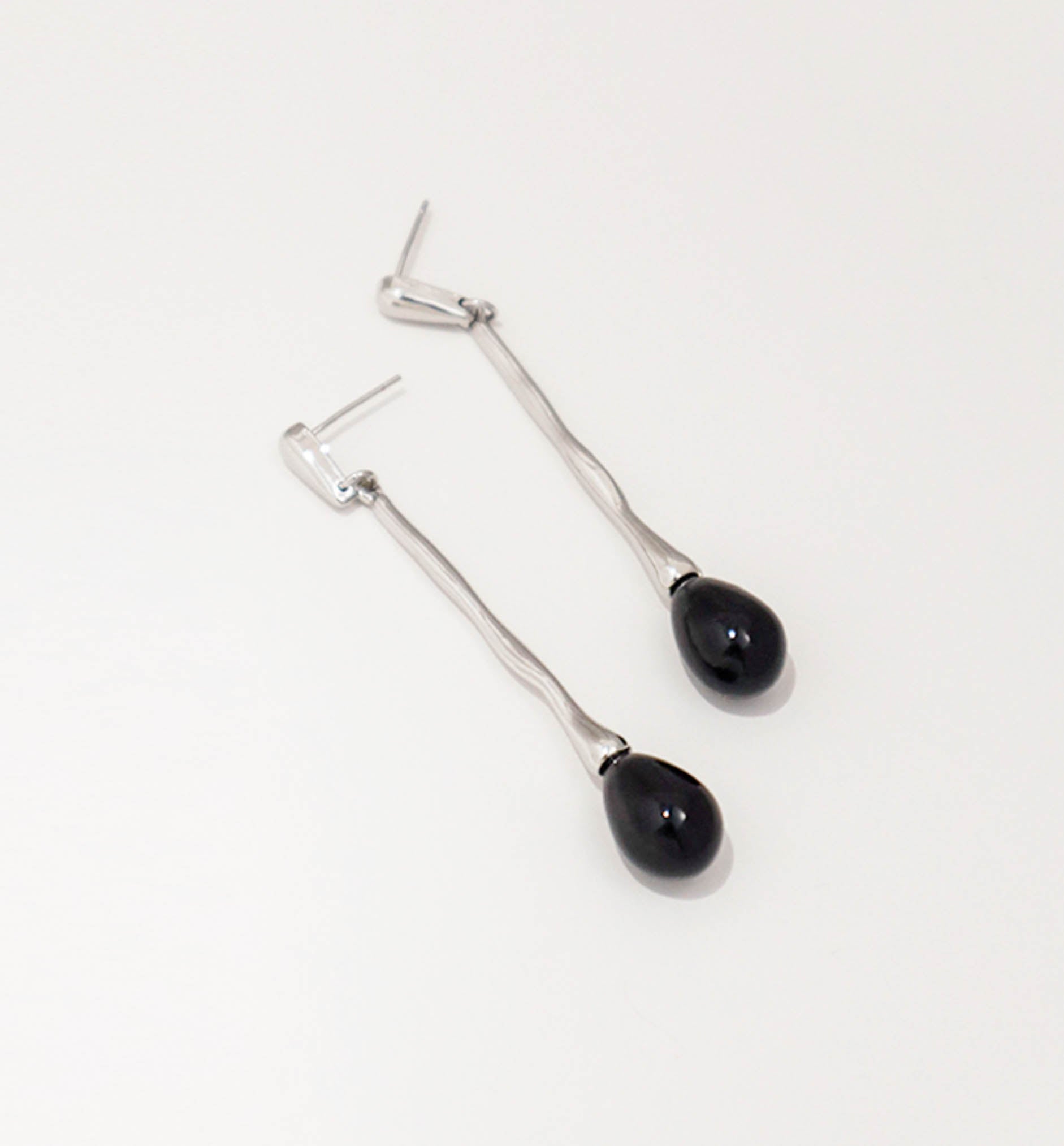 Silver Black Enamel Long Drop Earrings