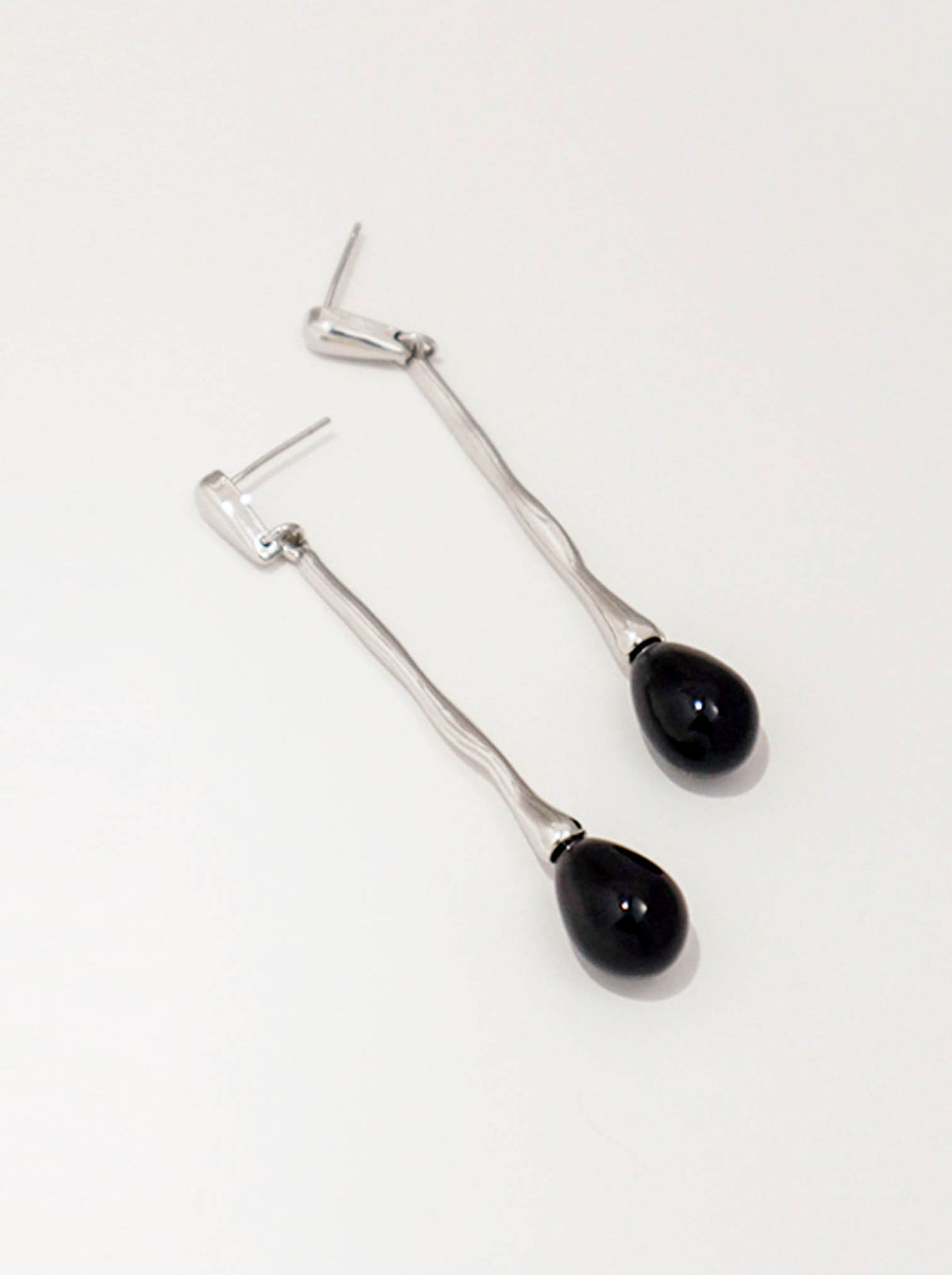 Silver Black Enamel Long Drop Earrings