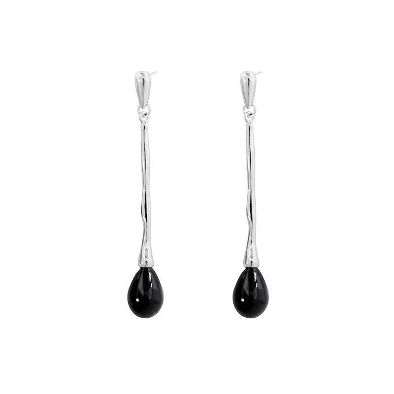 Silver Black Enamel Long Drop Earrings