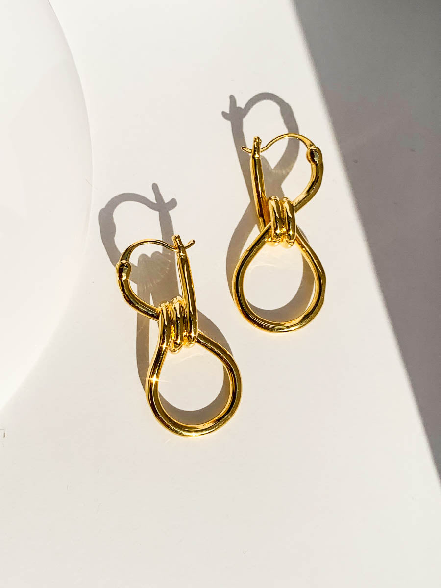 Gold Knot Link Hoop Drop Earrings