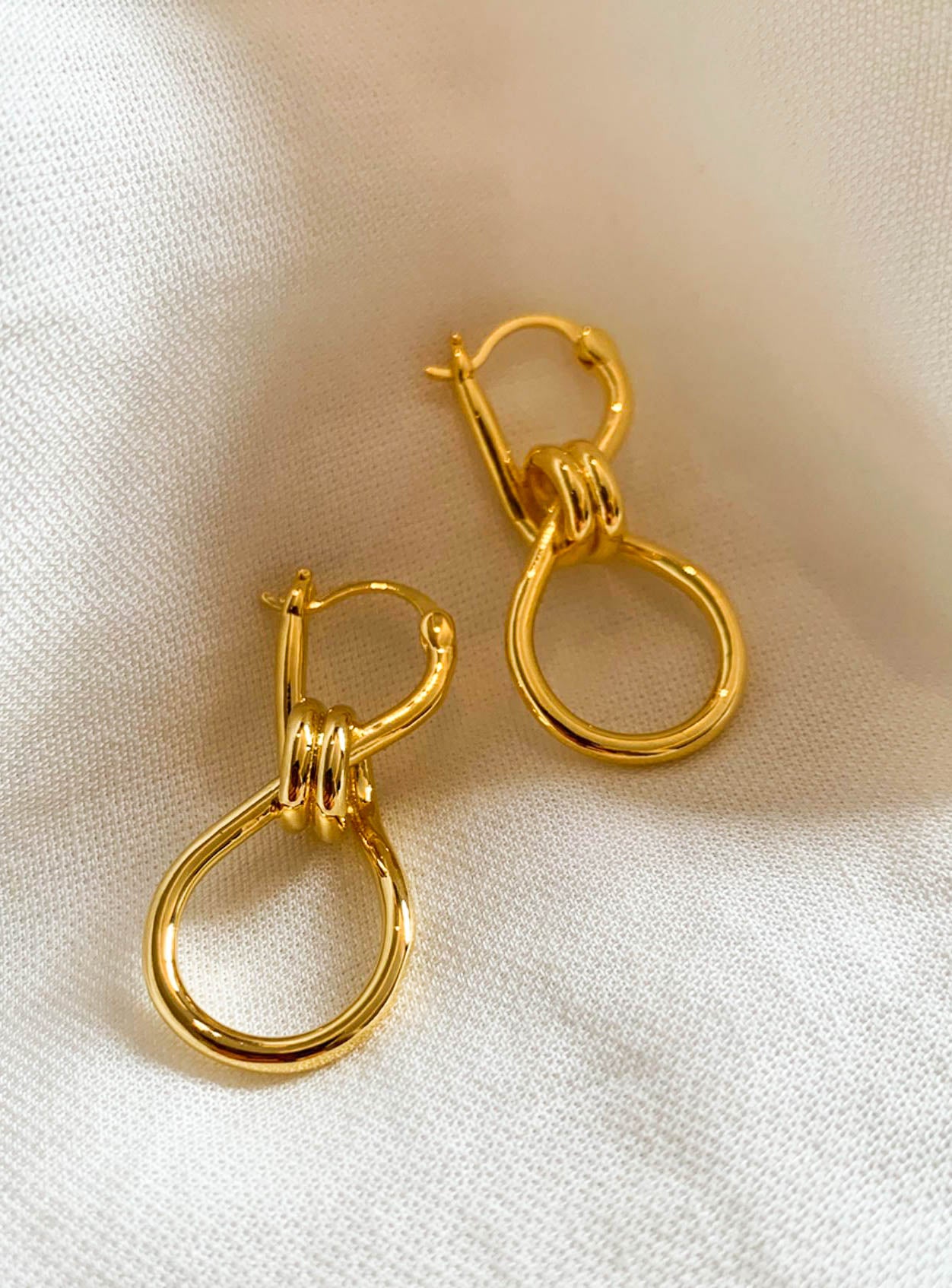 Gold Knot Link Hoop Drop Earrings