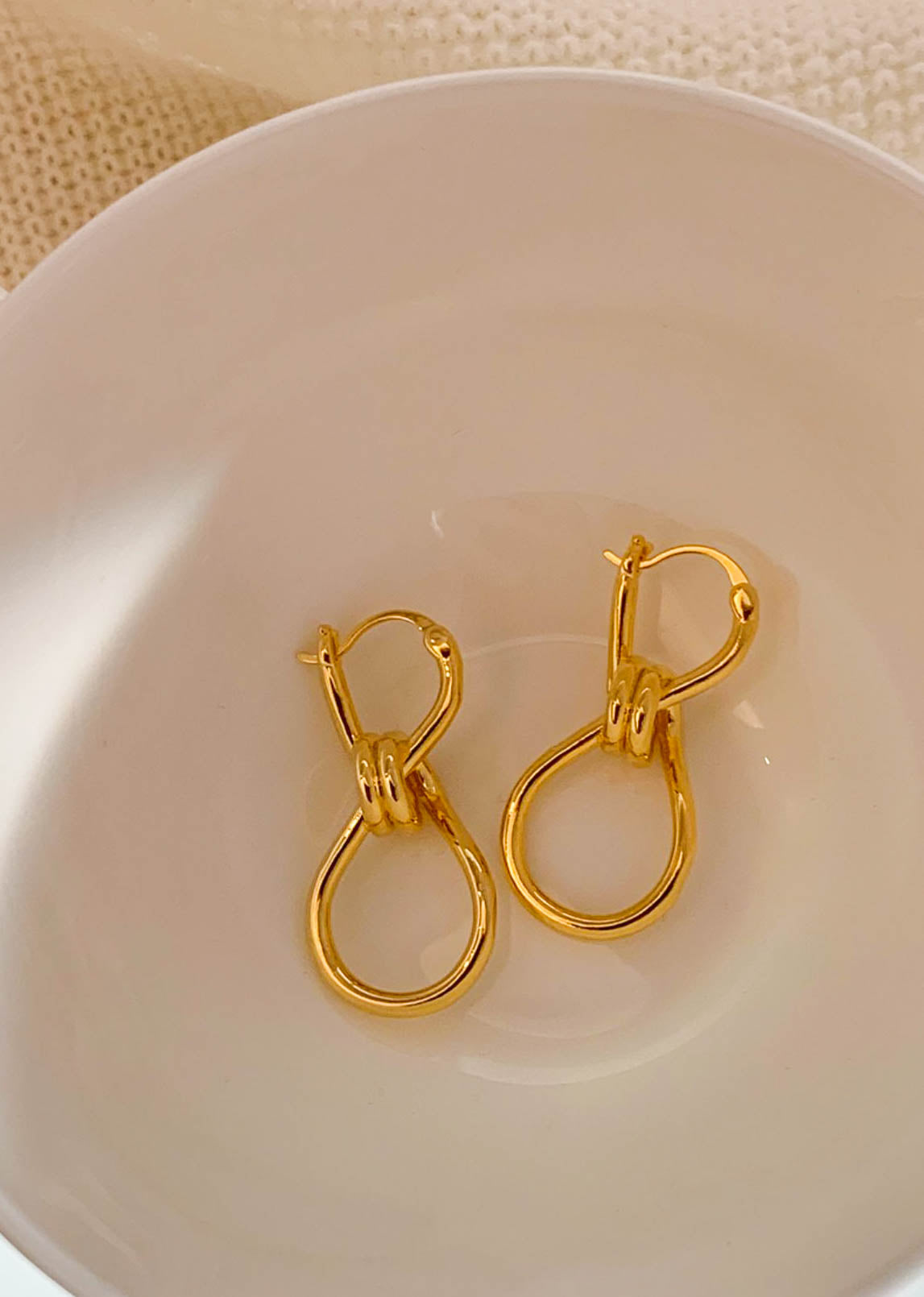 Gold Knot Link Hoop Drop Earrings